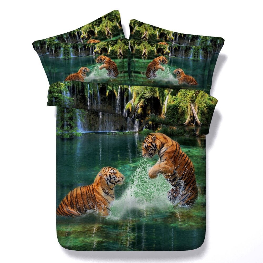 3D Water Tiger Print Bedding Set - King/Queen/Twin Size Duvet Cover, Quilt & Bed Sheets (4PCS) | Jungle Animal Theme for Kids & Adults | Perfect for Bedroom Decor, Gifts & Themed Parties