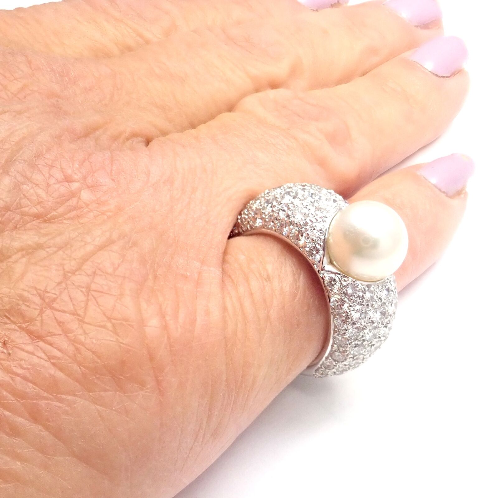 Authentic Cartier Juliette 18k White Gold Cultured Pearl Diamond Ring for Women - Elegant Wedding, Engagement & Anniversary Jewelry Gift