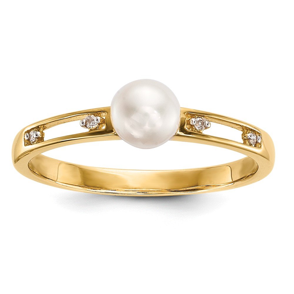 14K Yellow Gold Freshwater Cultured Pearl & Diamond Ring Band (0.02 CTTW) - Elegant Wedding, Anniversary, or Gift Jewelry for Women