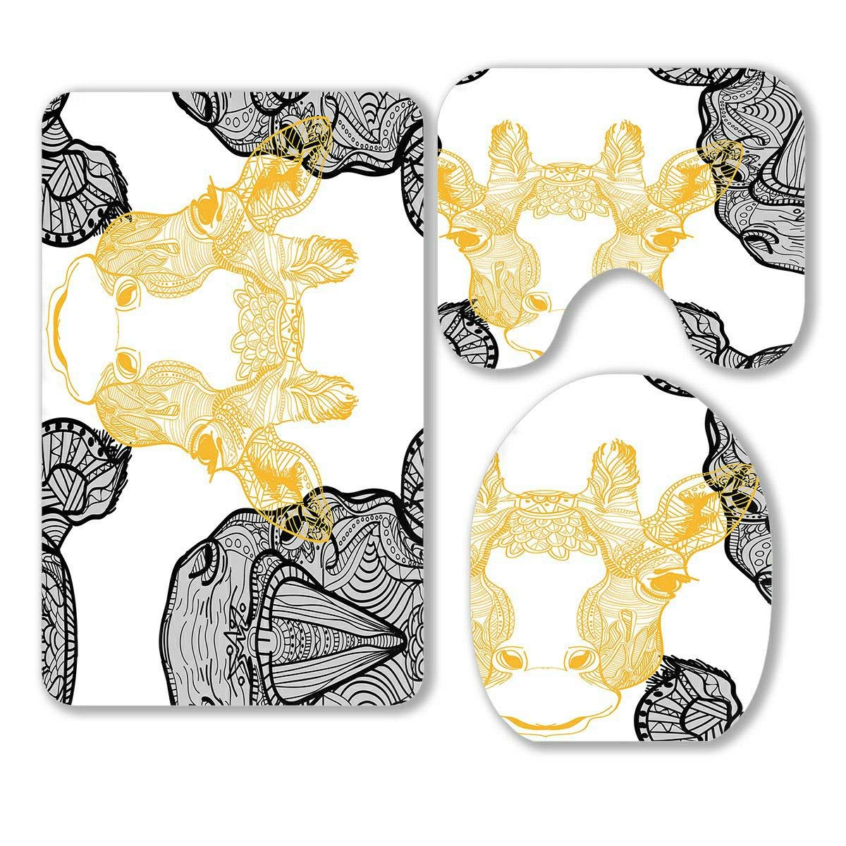 African Animal Rhinoceros Giraffe Mandala 3-Piece Bathroom Rug Set - Non-Slip Bath Mat, Contour Mat & Toilet Cover | Soft Absorbent Bathroom Decor for Jungle Safari Theme | Perfect for Kids Bathroom, Nursery & Wildlife Lover Home | Great Gift for Baby Shower & Themed Bedroom | Ideal for Bathrooms, Playrooms, Safari Bedrooms & Pet-Friendly Homes | Use in Kids' Rooms, Wildlife Decor & Eco-Conscious Households | Perfect for Jungle Birthday Parties, Nursery Spaces & Eco-Friendly Home Decor