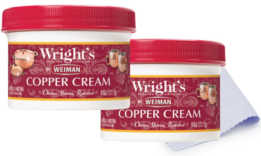 Wright's Copper Cleaner & Polish - 8oz Twin Pack with Microfiber Cloth - Safe Tarnish Remover for Copper Pots, Pans & Home Decor - Gentle No-Scratch Formula for Shine Restoration