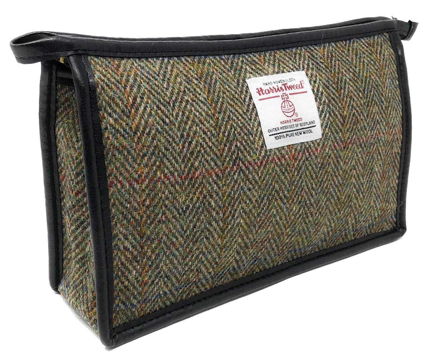 Scott & MacKenzie Harris Tweed Green Herringbone Cosmetic Toiletries Bag - Waterproof Travel Makeup Organizer for Women & Men - Perfect for Airplane, Gym, and Weekend Getaways