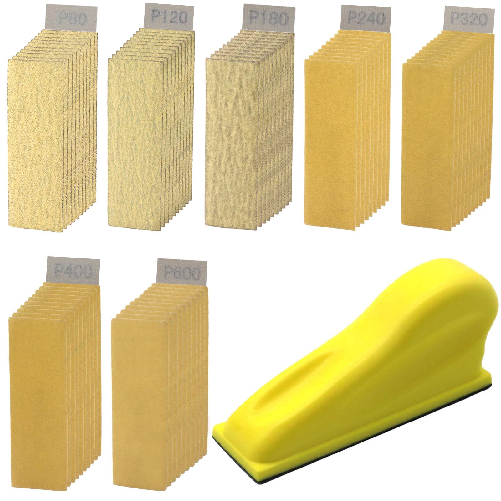 70 Sheets Micro Detail Sander Paper Kit - 3.5”x1” Hand Sanding Block with 80-600 Grit Wet/Dry Hook & Loop Sandpaper for Woodworking, Metal Finishing, Crafts & Tight Spaces - Perfect for Small DIY Projects & Professional Use