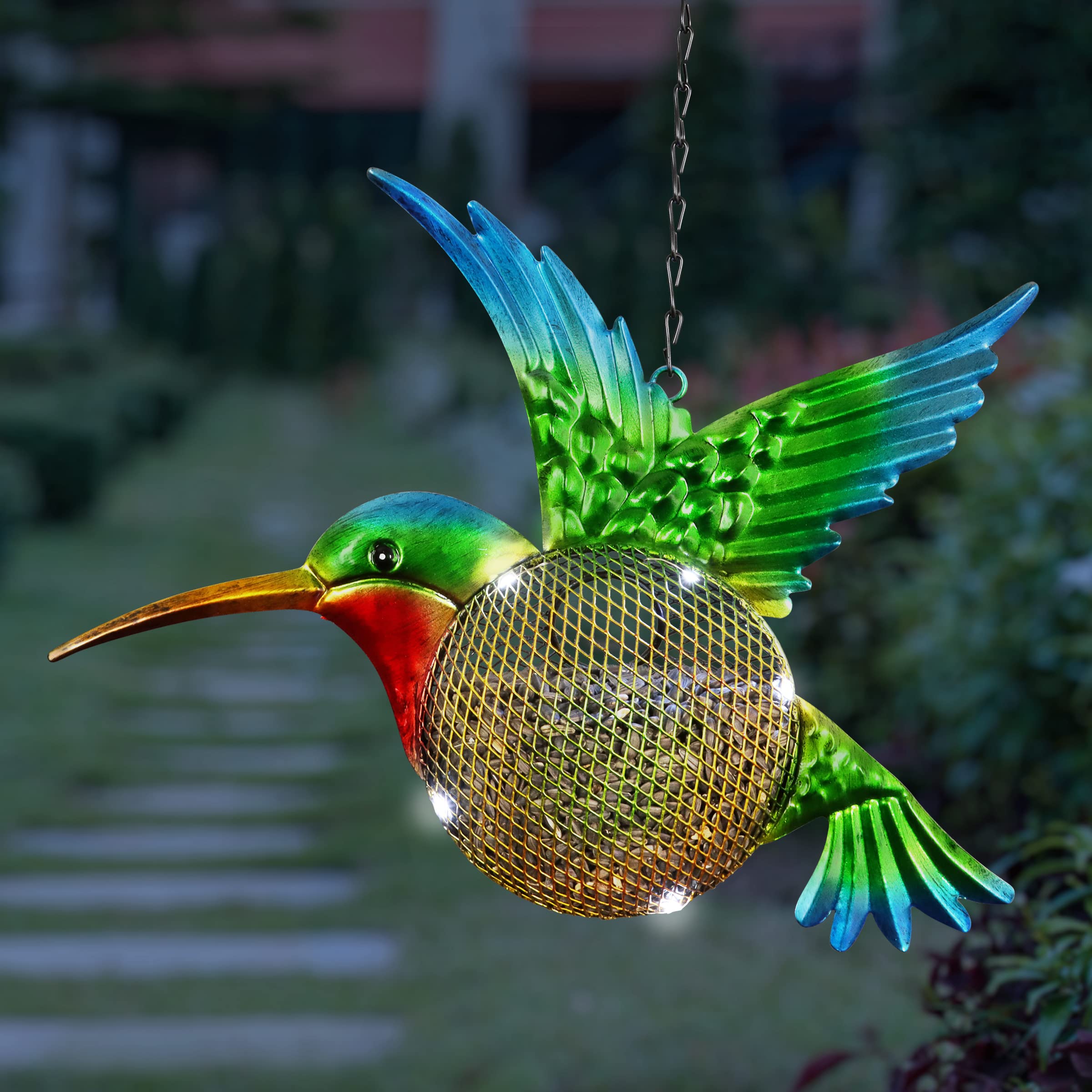 Solar Hummingbird Feeder with 5 LED Firefly Lights - Exhart Hanging Outdoor Metal Bird Feeder for Garden & Yard Decoration (13 x 3 x 17 Inch) - Attract Birds & Illuminate Your Outdoor Space at Night