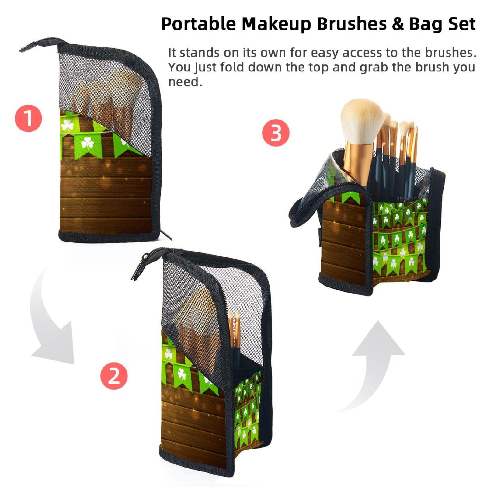 12-Piece Makeup Brush Organizer Bag with Green Festive Clover Design - Portable Travel Cosmetic Brush Holder Case for Professional Makeup Artists & Beauty Enthusiasts - Perfect for Home, Travel & Salon Use
