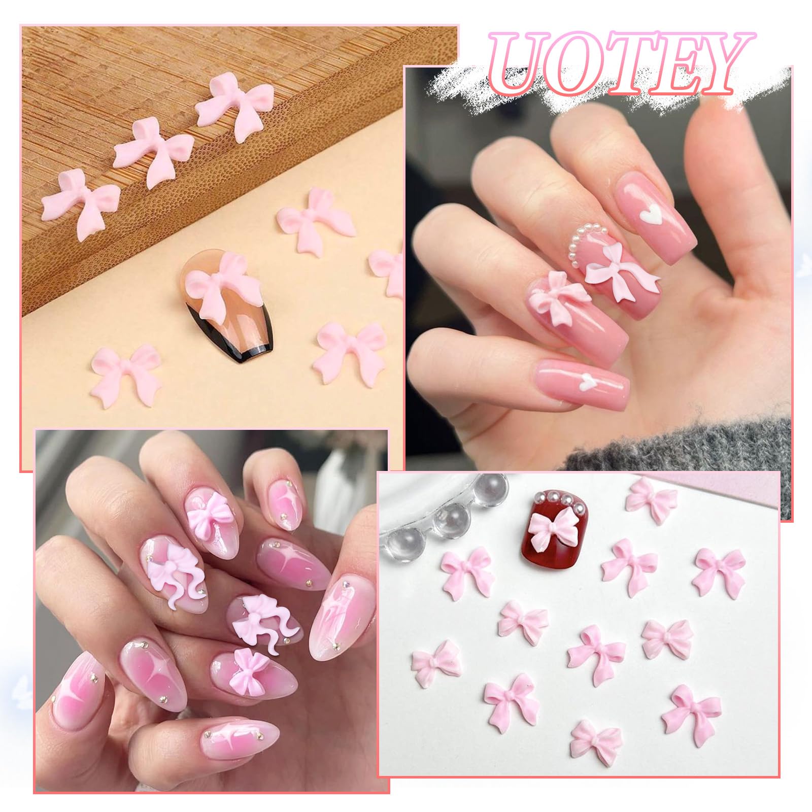 200 Pcs Pink 3D Bow Nail Charms - Mixed Bow Tie & Bowknot Nail Art Decorations for Acrylic Nails, DIY Manicure Accessories - Perfect for Bridal, Party & Salon Nail Designs