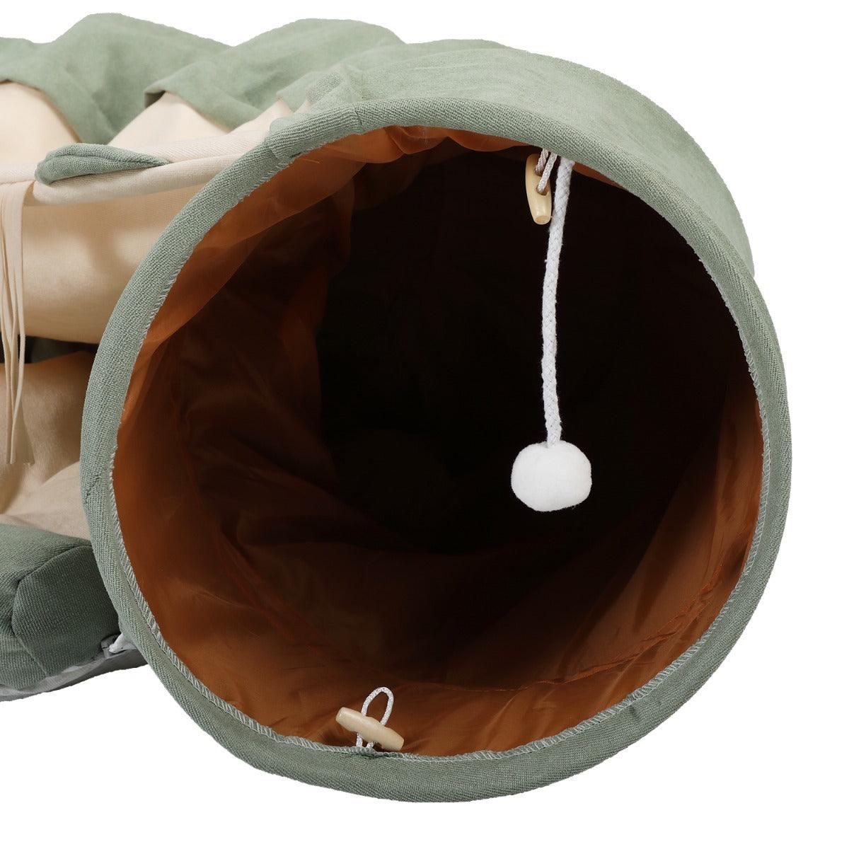 Expandable Cat Tunnel with Cushioned Pet Bed & Teaser Balls - Interactive Play & Nap Space for Indoor Cats - Bright Green Zippered Feline Toy & Resting Zone