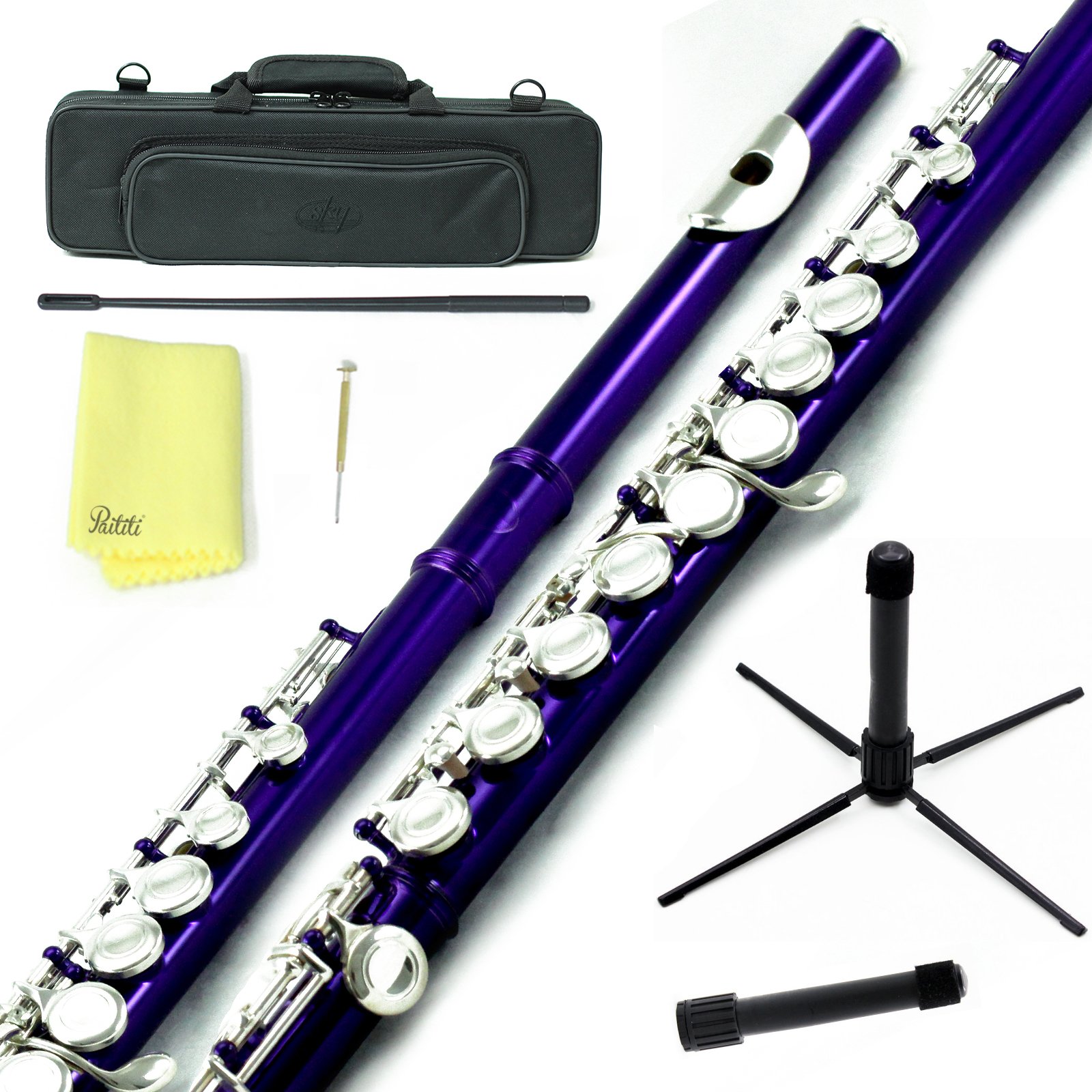 Professional Sky C Flute with Lightweight Case - Includes Cleaning Rod, Cloth, Joint Grease & Screwdriver - Purple/Silver Closed Hole Flute for Beginners & Students | Perfect for School Bands, Practice & Performances