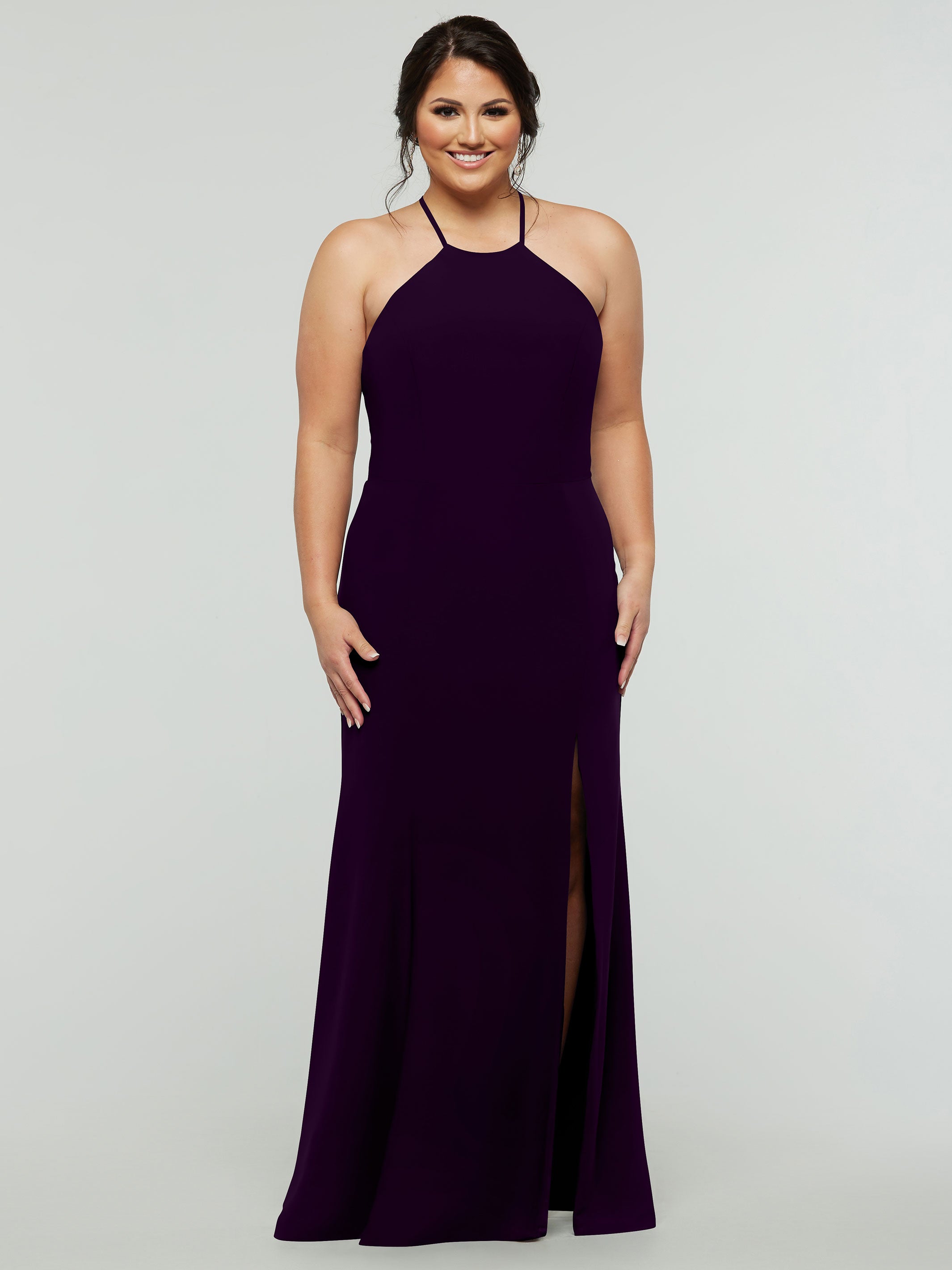 Elegant 83031 Fit and Flare Stretch Chiffon Bridesmaid Dress with Halter Neck & Thigh Slit - Perfect for Weddings, Proms, and Formal Events