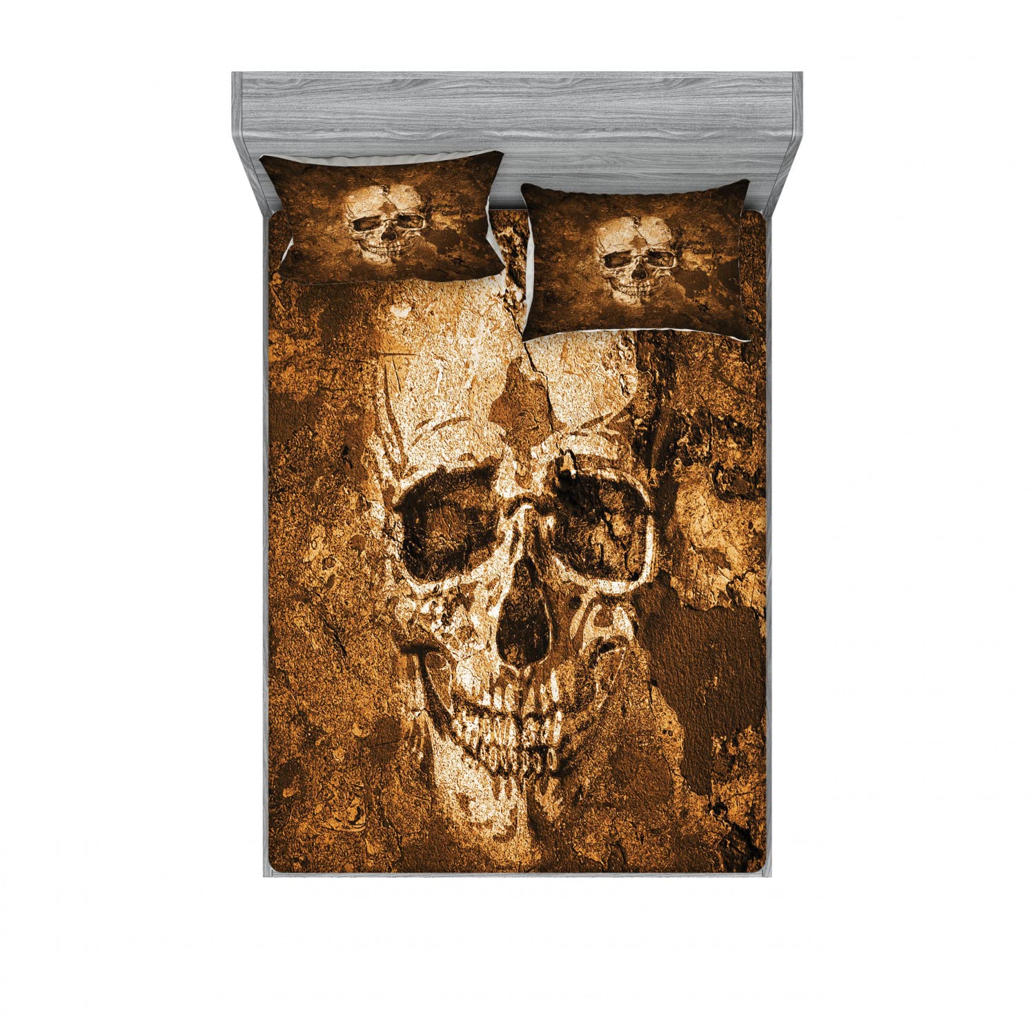 Spooky Halloween Skull Fitted Sheet & Pillow Sham Set - 2 Queen Size Sheets & 4 Pillow Covers - Gothic Bone Print Bedding Decor in Chocolate Beige - Perfect for Horror Themed Bedrooms, Halloween Parties & Haunted House Decorations