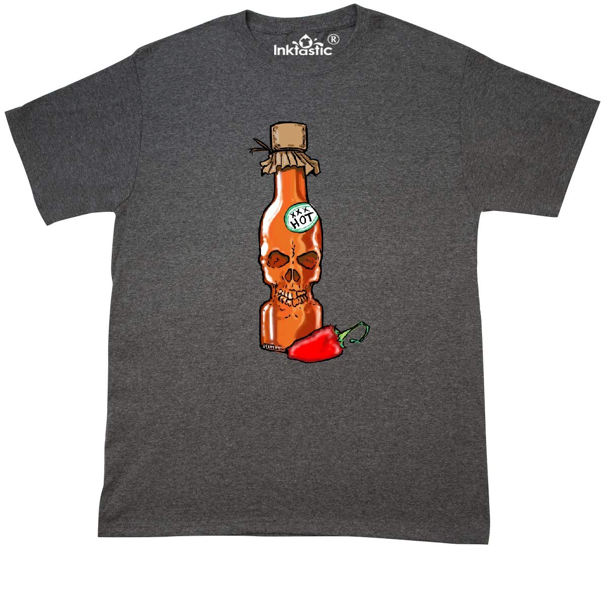 Inktastic Hot Sauce Skull Bottle with Pepper Graphic T-Shirt for Men & Women - Spicy Food Lover Tee for Halloween, Parties & Casual Wear