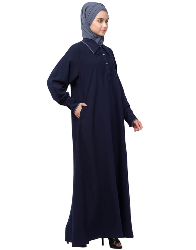 Elegant Navy Blue Arabic Long Cuff Abaya with Executive Collar - Perfect for Office Wear, Formal Events & Islamic Modest Fashion