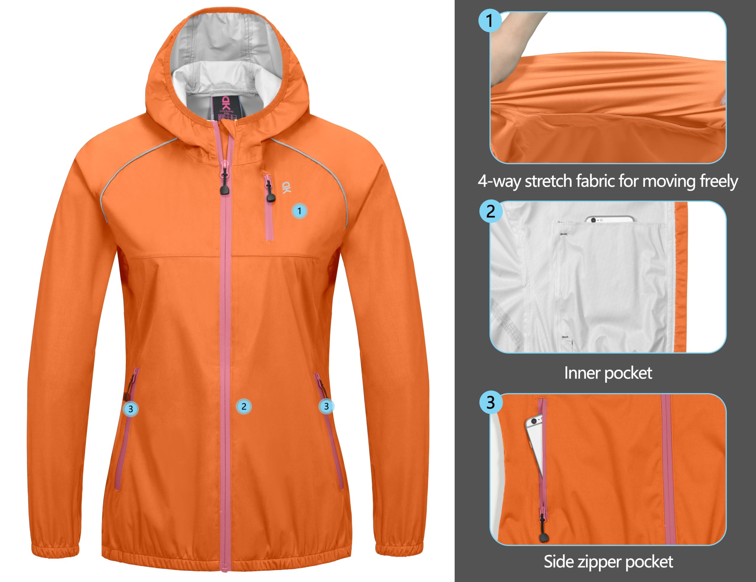 Little Donkey Andy Women's Lightweight Waterproof Cycling Jacket with Hood - Windproof, Stretchable & Packable Raincoat for Outdoor Biking, Hiking & Commuting