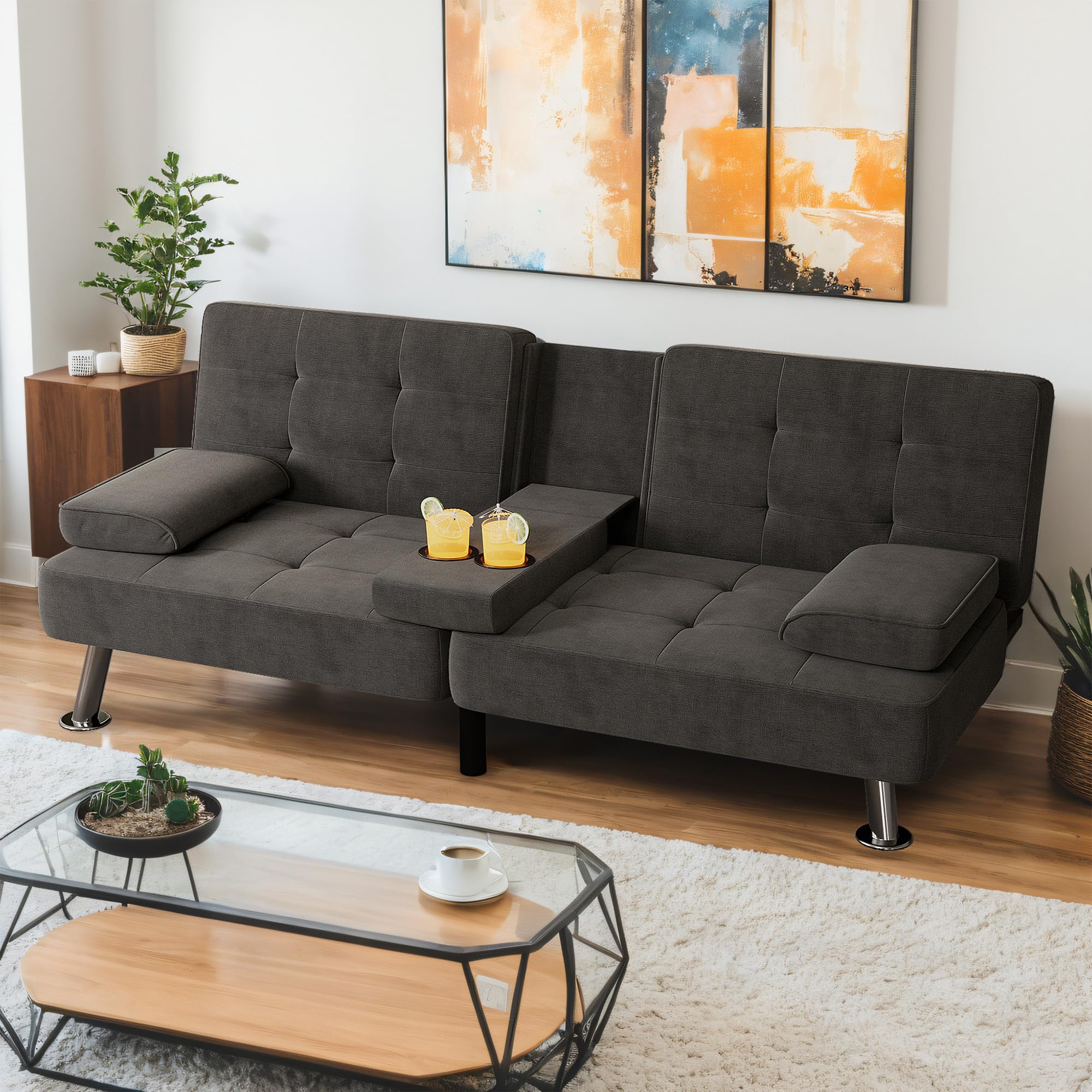 Modern Convertible Folding Futon Sofa Bed with Removable Armrests & Cup Holders - Linen Upholstered, Metal Legs - Space-Saving Sleeper for Small Apartments, Dorms, Guest Rooms & Living Rooms (Black)