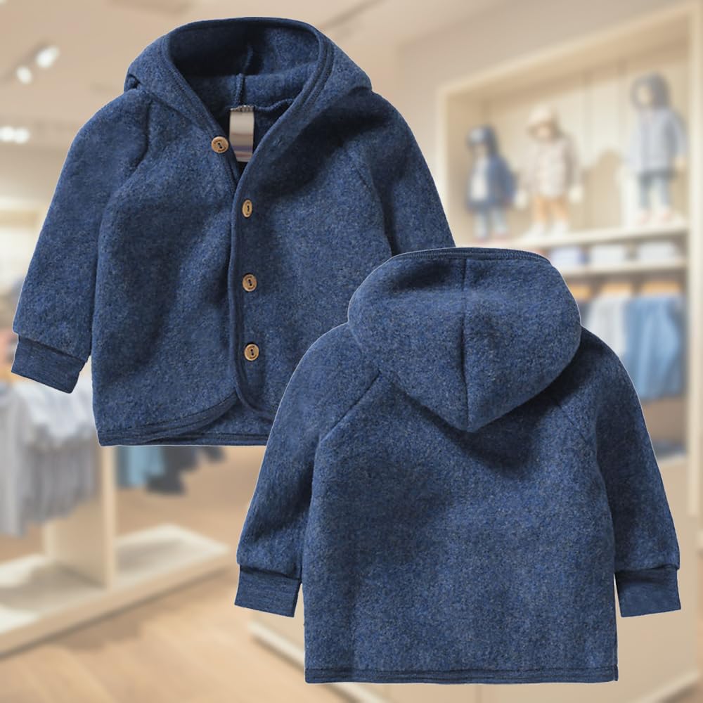 Kids Organic Merino Wool Fleece Hooded Thermal Jacket Cardigan - Warm Winter Coat for Boys & Girls - Perfect for Outdoor Play, School & Cold Weather Activities