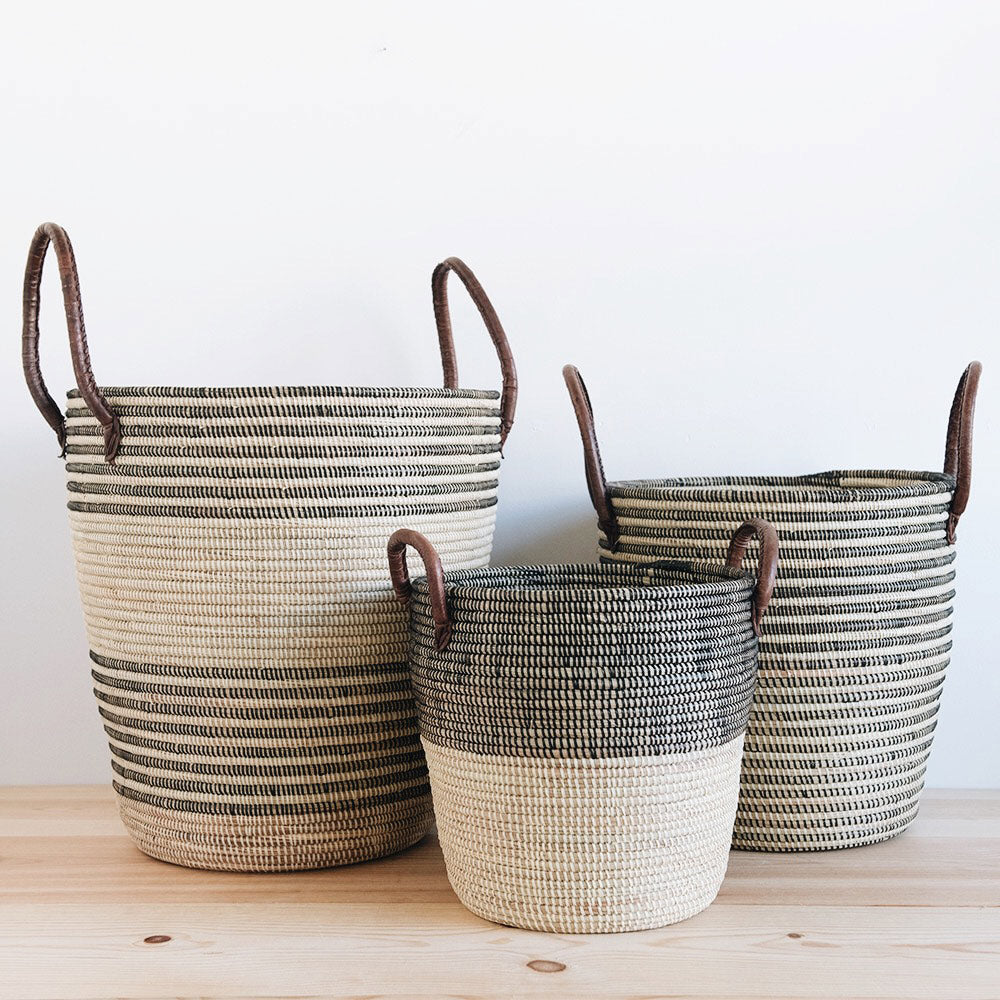 Stylish Storage Basket Set with Leather Handles - Woven Organizer for Home, Office & Nursery Decor - Perfect for Shelves, Closets & Laundry Organization