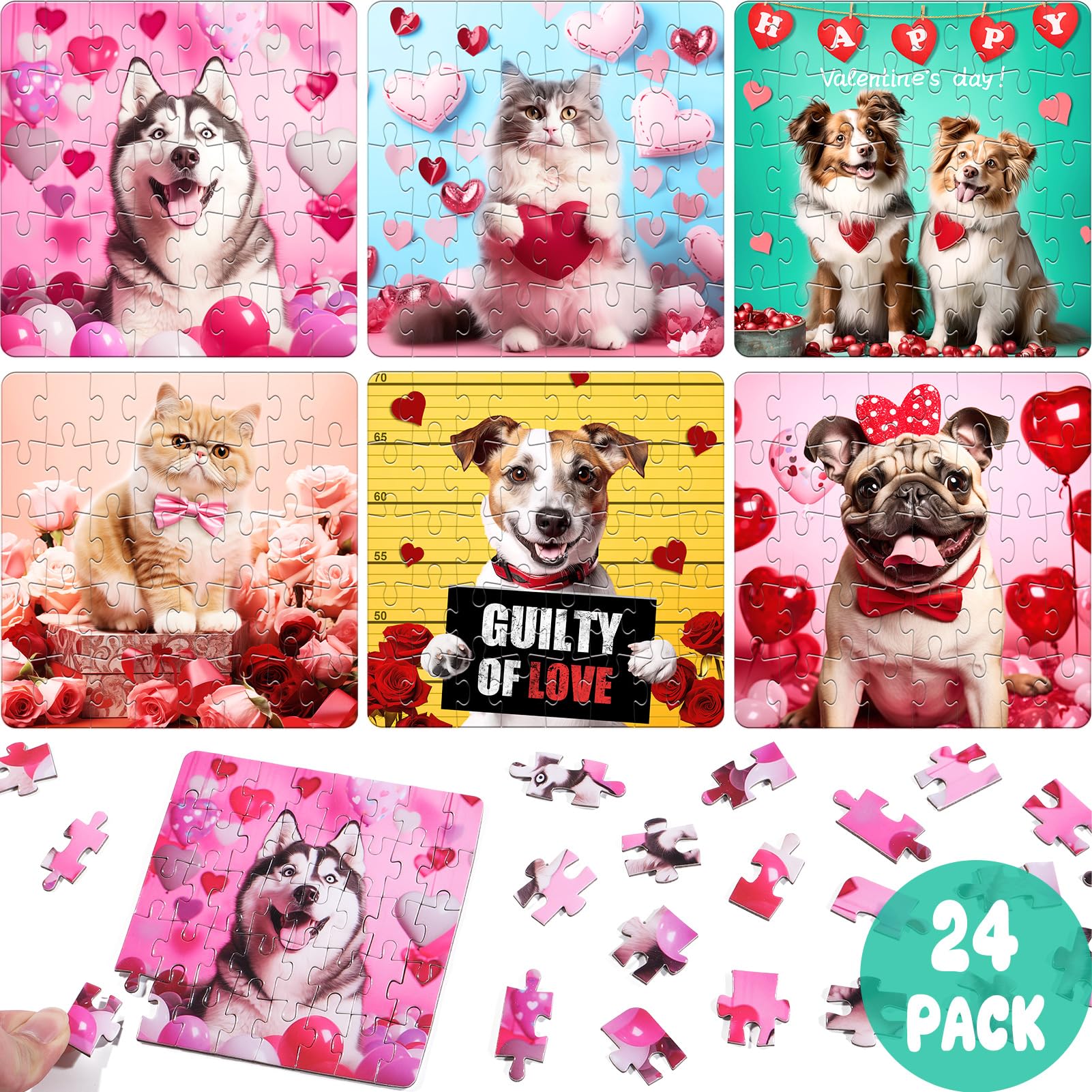 24PCS Cat & Dog Jigsaw Puzzle Toys - Easter Basket Stuffers for Kids & Toddlers, Easter Gifts for Boys & Girls, Prefilled Easter Egg Fillers, Party Favors & Goodie Bags - Perfect for Easter Celebrations, Birthday Parties & Classroom Activities
