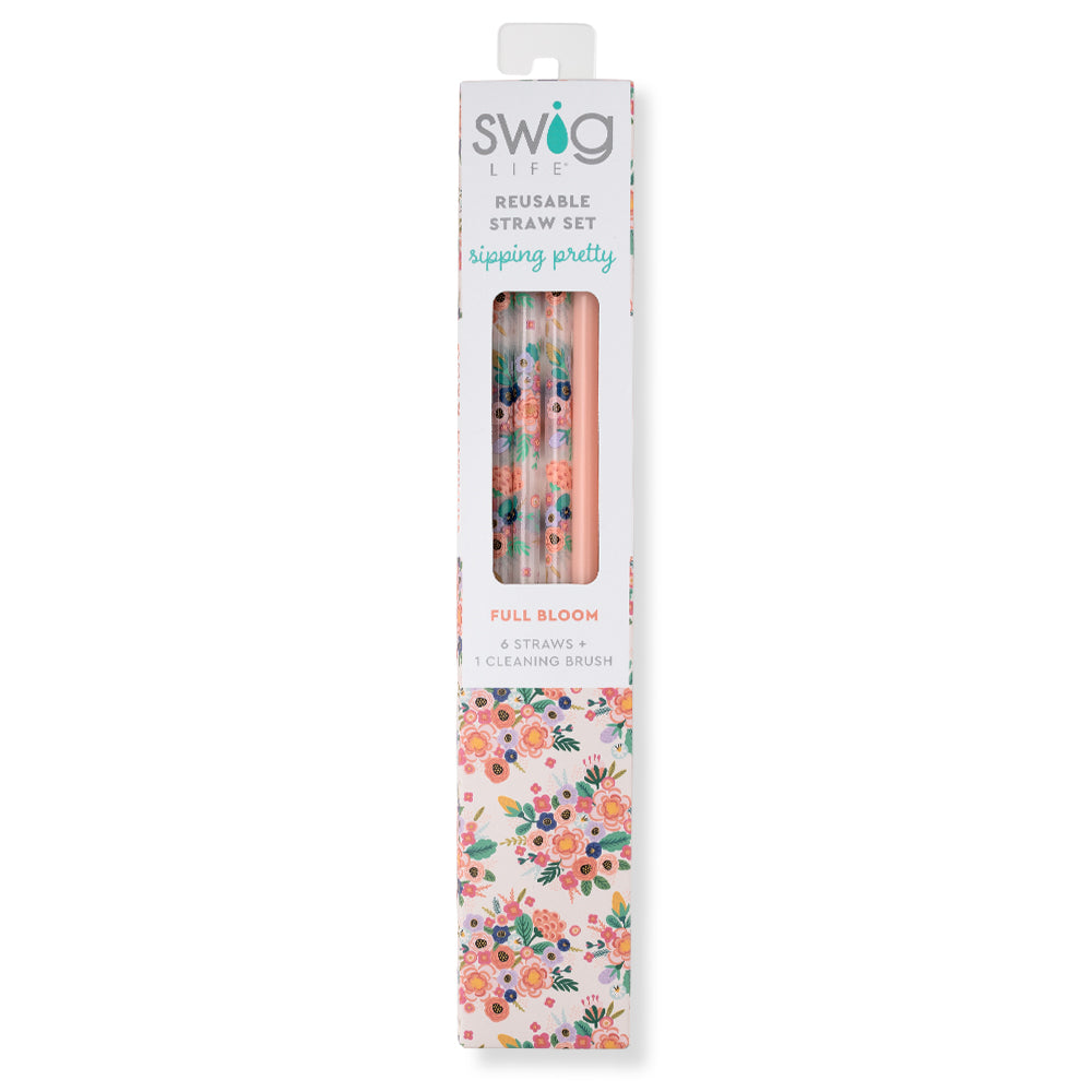 Eco-Friendly Full Bloom & Coral Reusable Straw Set - 4 Pack BPA-Free Stainless Steel Drinking Straws with Cleaning Brush for Smoothies, Iced Coffee & Cocktails at Home or Travel