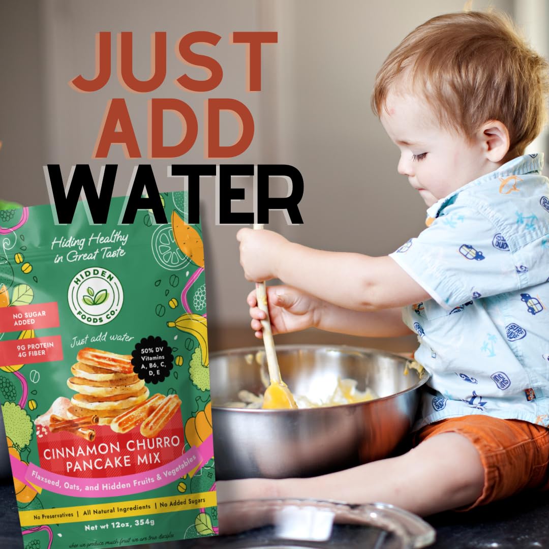 Hidden Foods Variety Pancake Mix 3-Pack - Cinnamon Churro, Homestyle & Chocolate Pancake Mixes | High Protein & Fiber Breakfast Mix with Natural Ingredients, Fruits, Vegetables, Wheat & Oat Flour | Just Add Water | Perfect for Quick Breakfast, Camping & Family Brunch