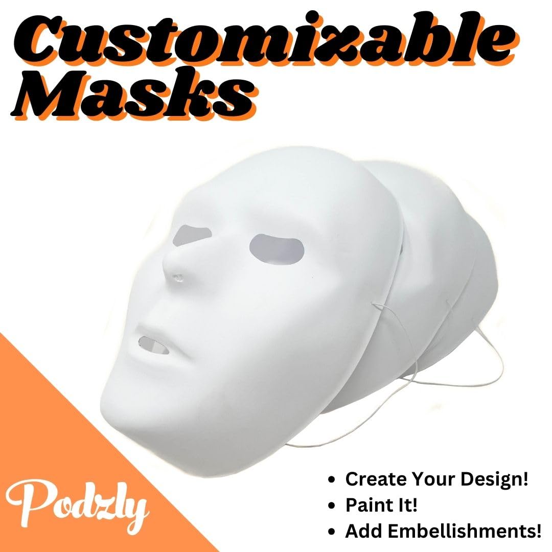 Podzly 25 White Drama Masks - Full Face Paintable Blank Masks for Crafts, Masquerade Balls, Mardi Gras & Halloween Costumes - Perfect for Theater Performances, Costume Parties & DIY Art Projects
