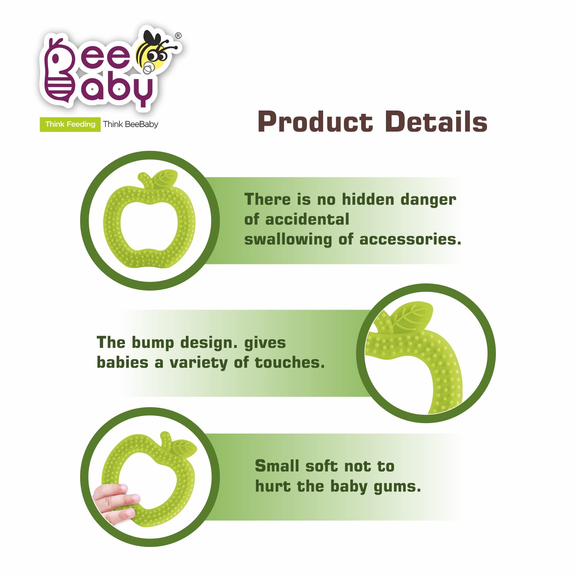 BeeBaby Apple-Shaped Soft Silicone Teether for Babies 3-6 Months | BPA-Free Teething Toy with Textured Surface for Gum Relief | Includes Carrying Case | 100% Food Grade Safe (Green Apple) - Perfect for On-the-Go Soothing & Early Dental Care