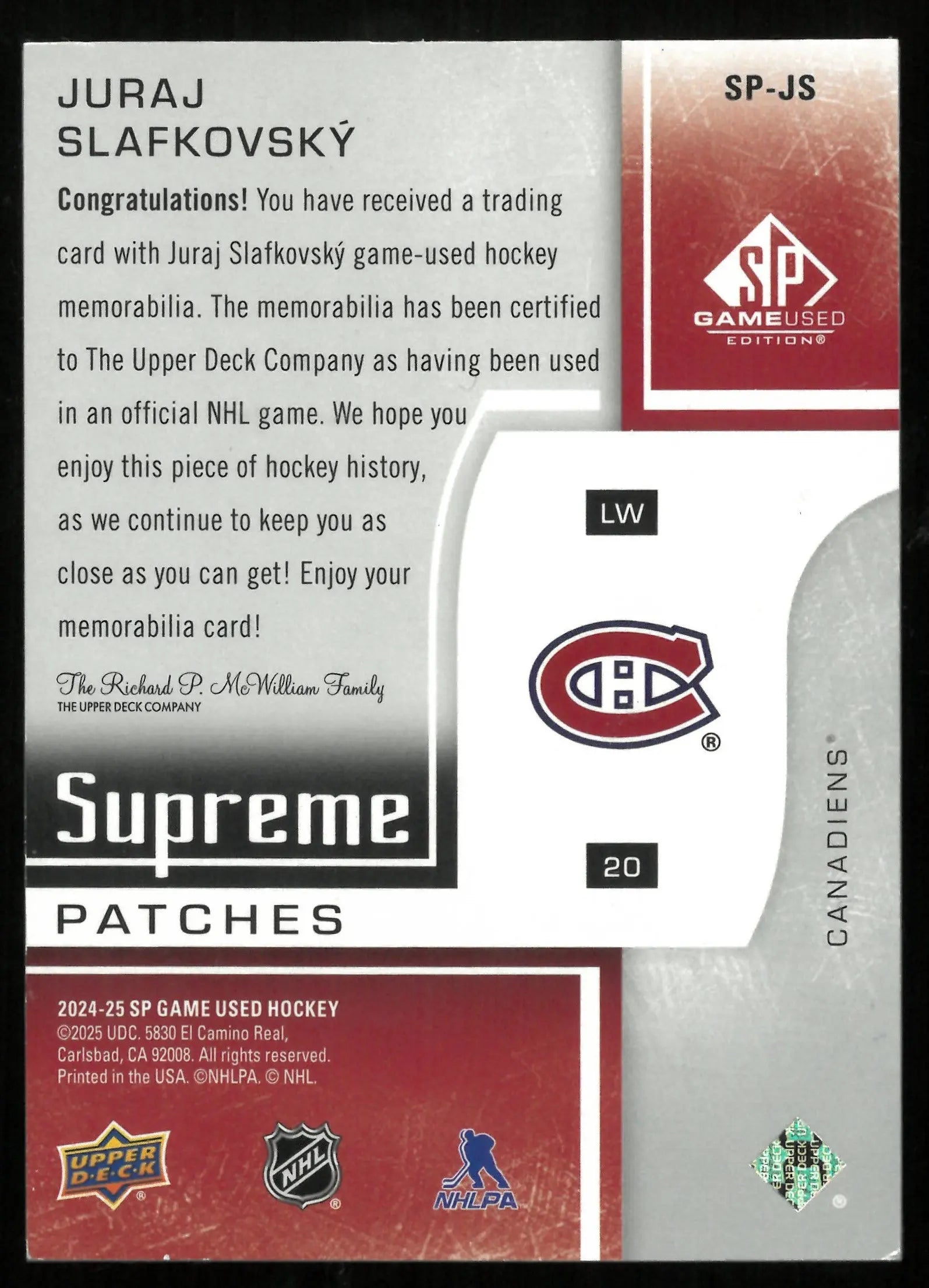 2024-25 Upper Deck SP Game Used Juraj Slafkovsky Supreme Tri-Color Patch /15 - Rare Hockey Collectible for NHL Fans & Memorabilia Collectors