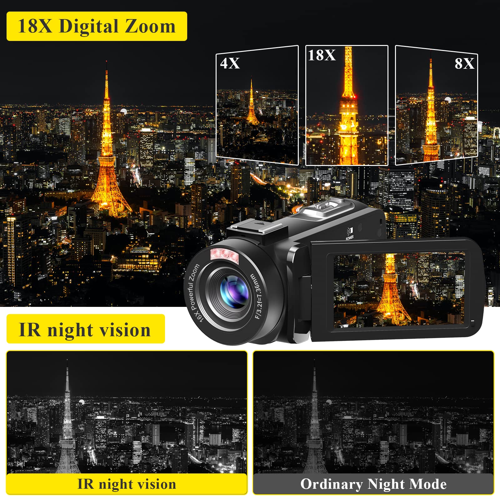4K Video Camera, 30MP Full HD 1080P Camcorder with 18X Digital Zoom & Night Vision - YouTube Vlogging Camera with 3.0