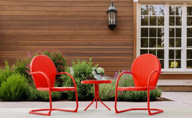 Vintage 3-Piece Patio Bistro Set - 2 Retro Metal C-Spring Motion Chairs & Side Table - Outdoor Dining & Conversation Set (Red) - Perfect for Garden, Balcony, and Backyard Relaxation