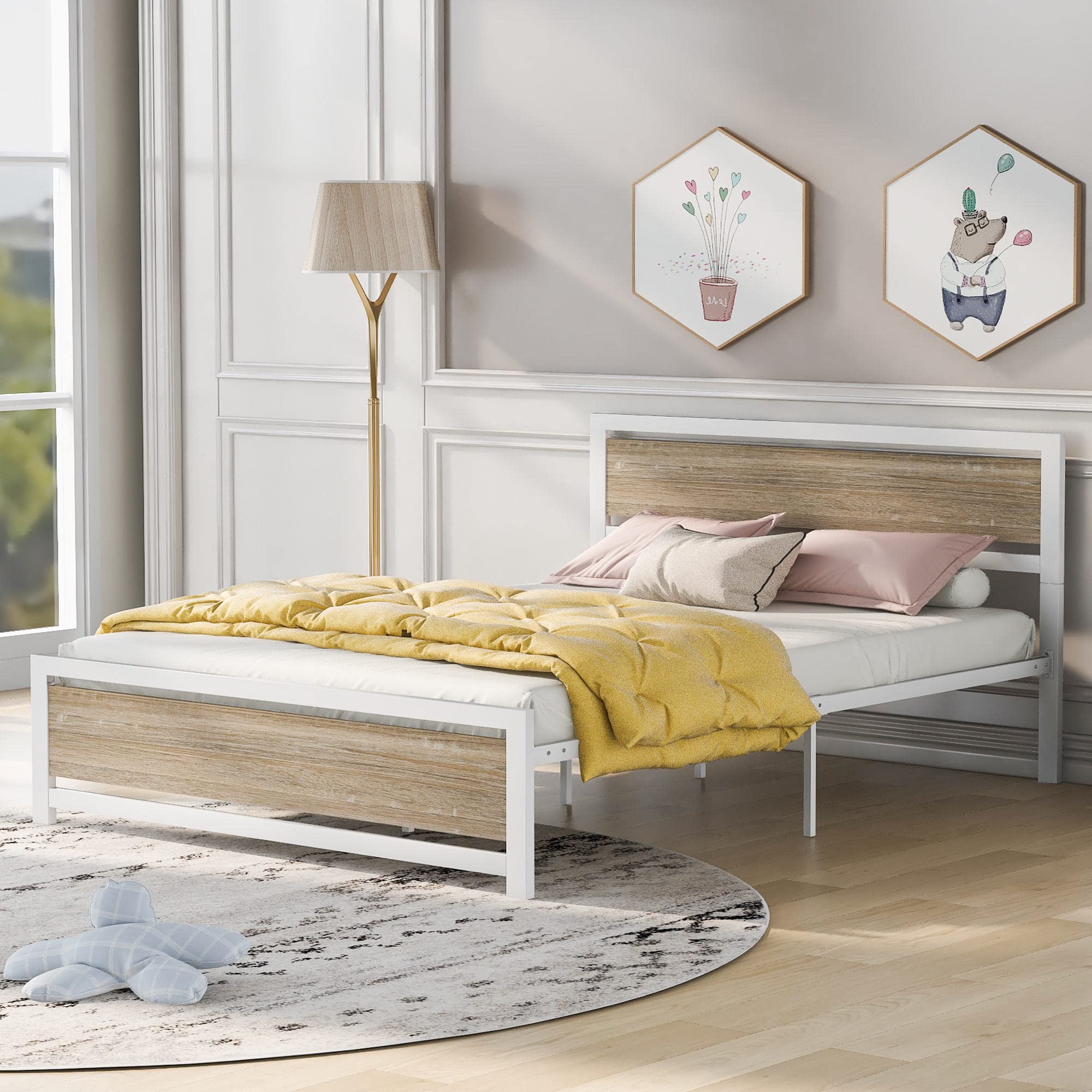 Queen Size Metal Platform Bed Frame with Modern Wood Headboard & Footboard - Industrial Style Wooden & Metal Bed Base with Sturdy Slat Support - No Box Spring Needed - Quiet Non-Slip Design in White - Perfect for Modern Bedrooms, Guest Rooms & Loft Apartments