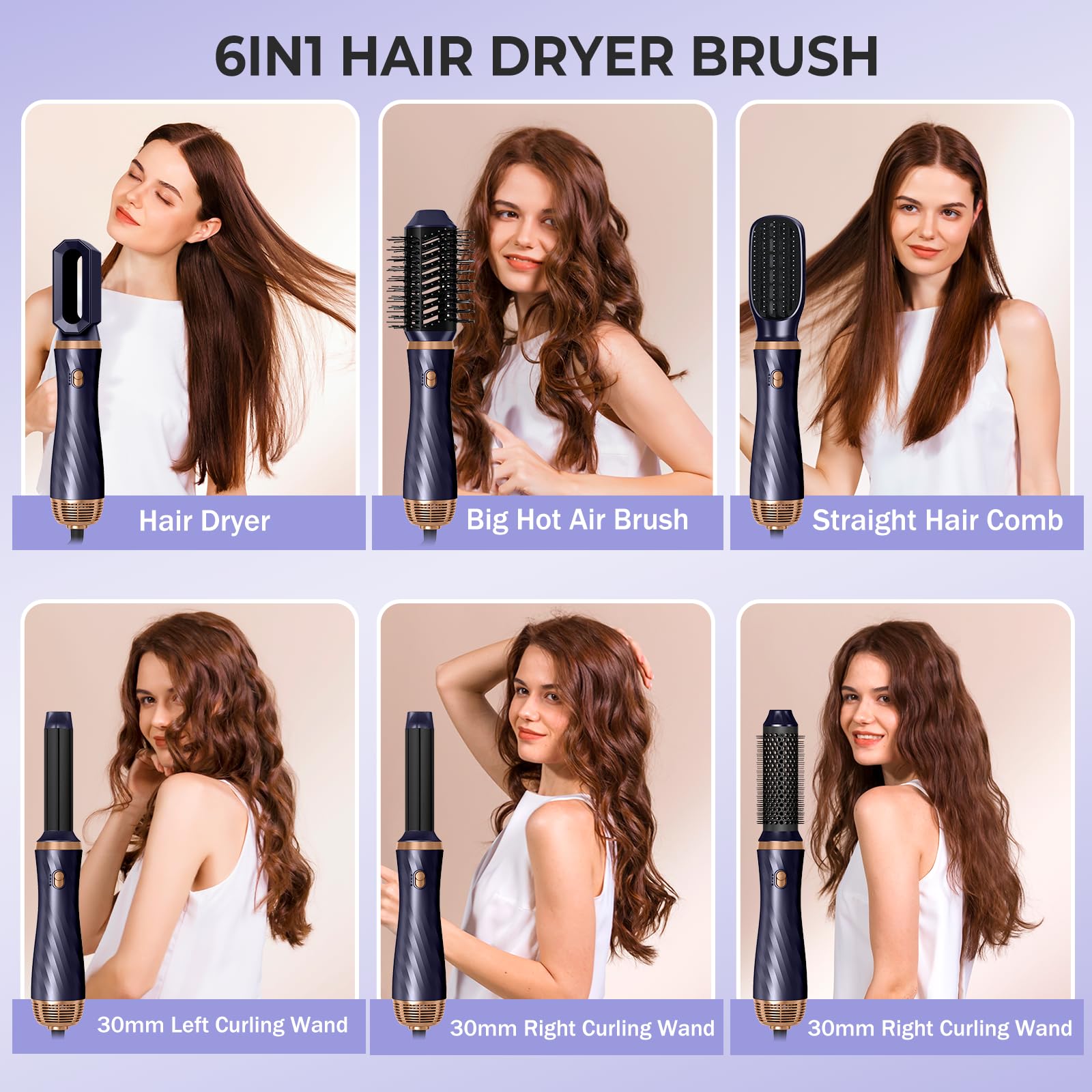 6 in 1 Blow Dryer Brush for Hair Styling - Detachable Hot Air Curler & Styler with Curling Iron Brush - Perfect for Salon-Quality Blowouts, Curls & Straightening at Home