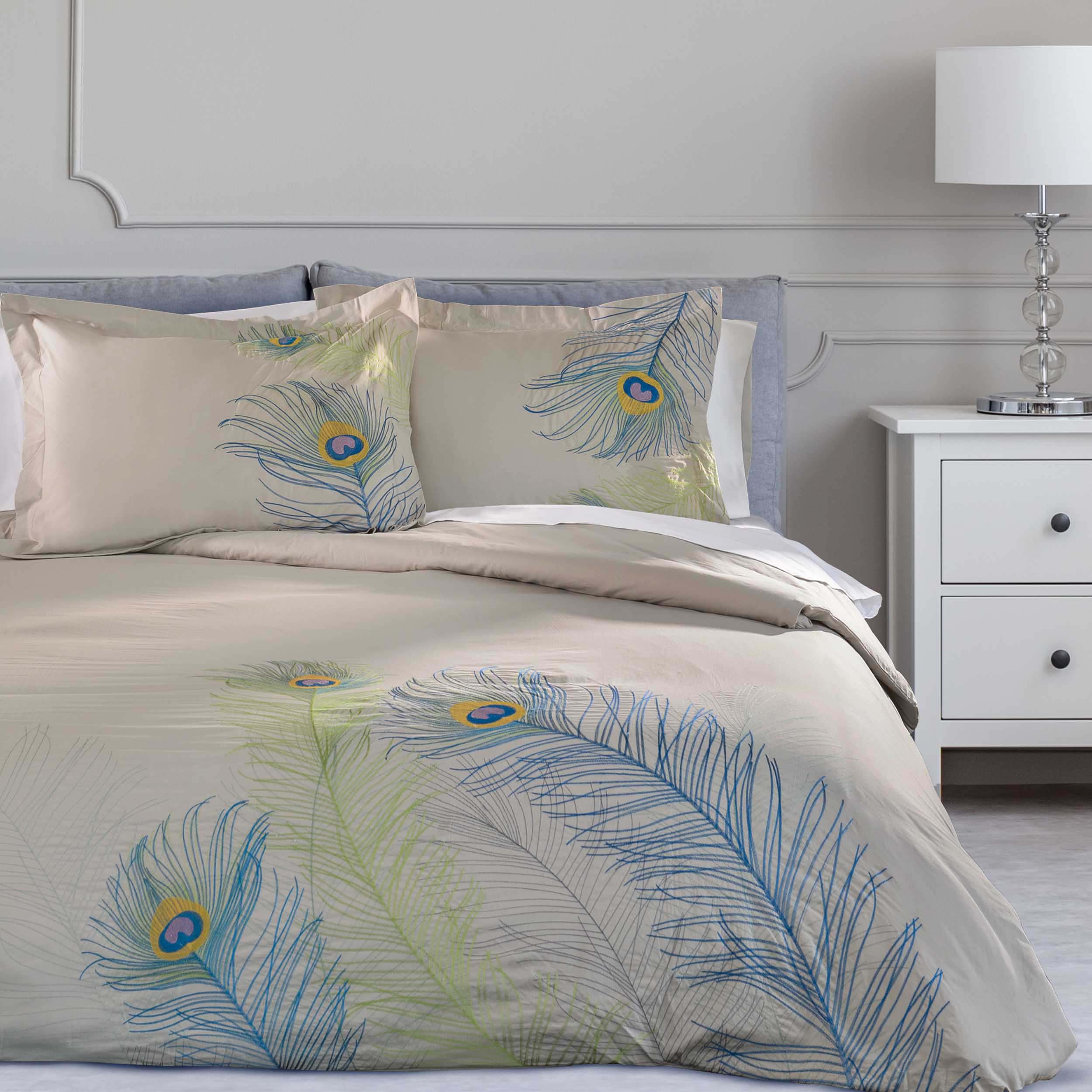 Peacock Cotton Embroidered Duvet Cover Set - King Size Luxury Bedding with Pillowcases - Elegant Bohemian Style for Master Bedroom Decor