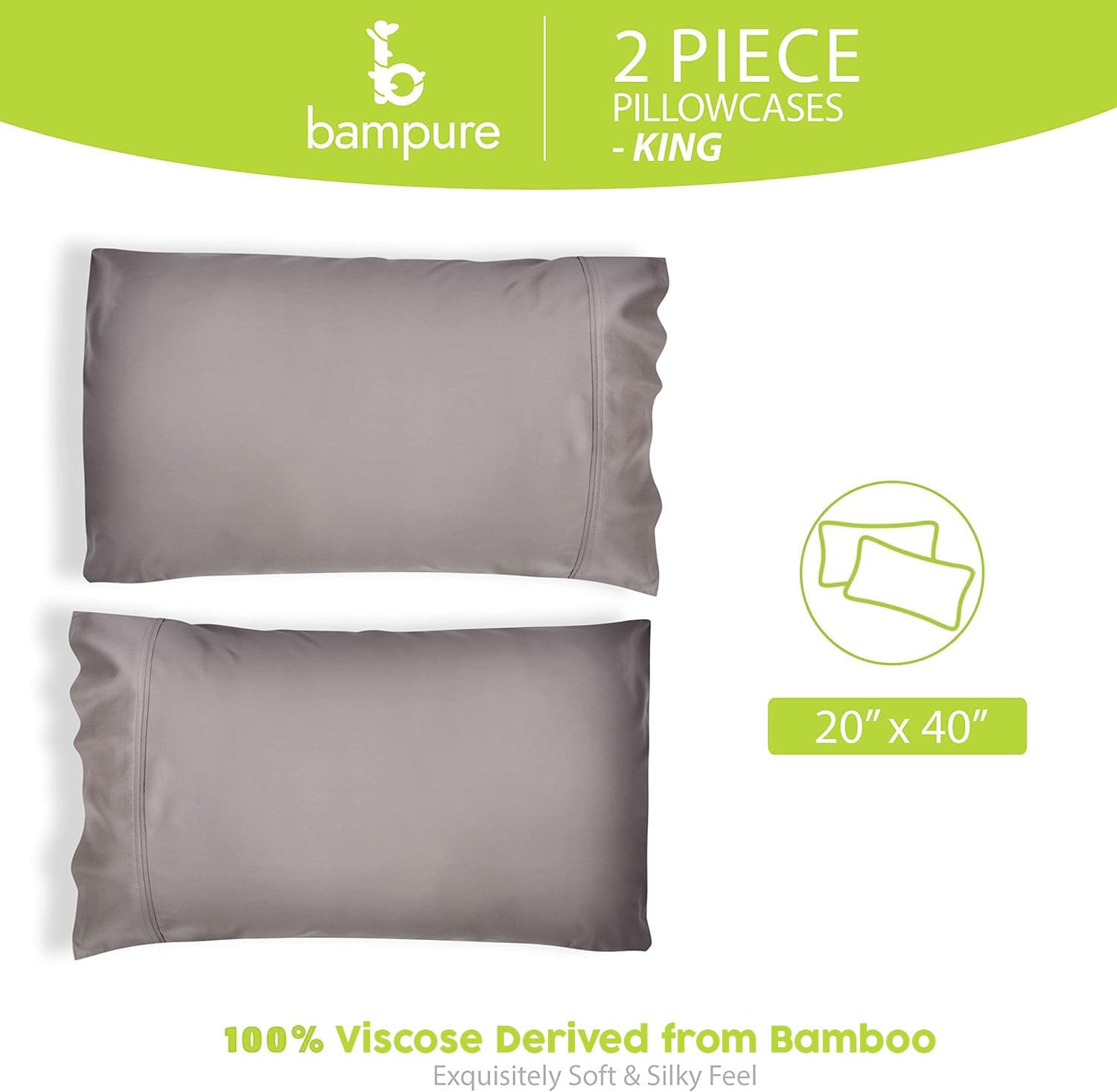 BAMPURE King Size Pillowcases Set of 2 - 100% Bamboo Viscose Cooling Pillow Covers (20x40, Charcoal Gray) for Hot Sleepers & Night Sweat Relief - Luxury Bedding for Better Sleep