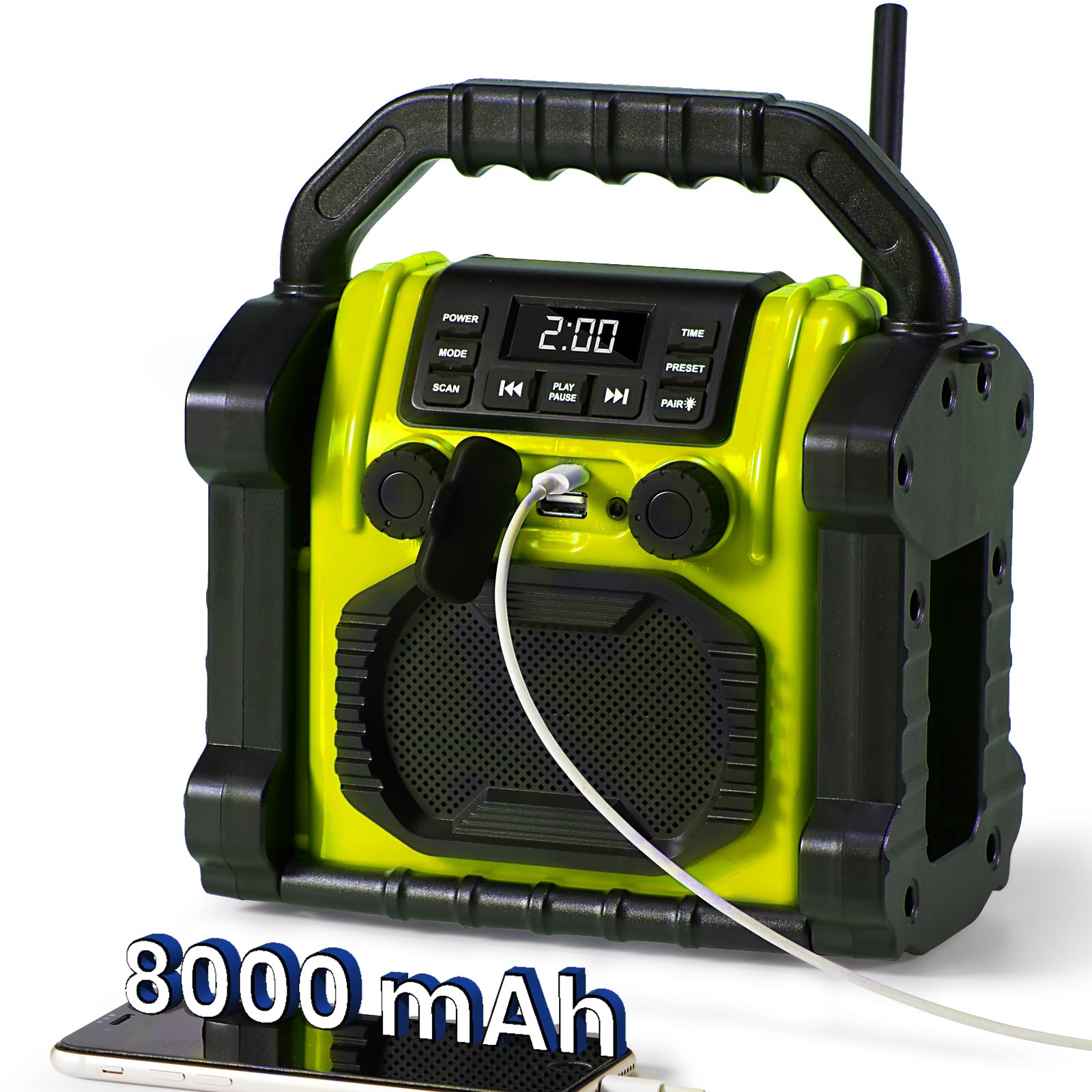 30W IPX66 Waterproof Bluetooth Jobsite Radio with FM, LED Lights & Clock - Portable Anti-Collision Speaker for Construction, Outdoor, Fishing, Camping & Parties (Yellow) | Perfect for Job Sites, Backyard BBQs & Beach Adventures