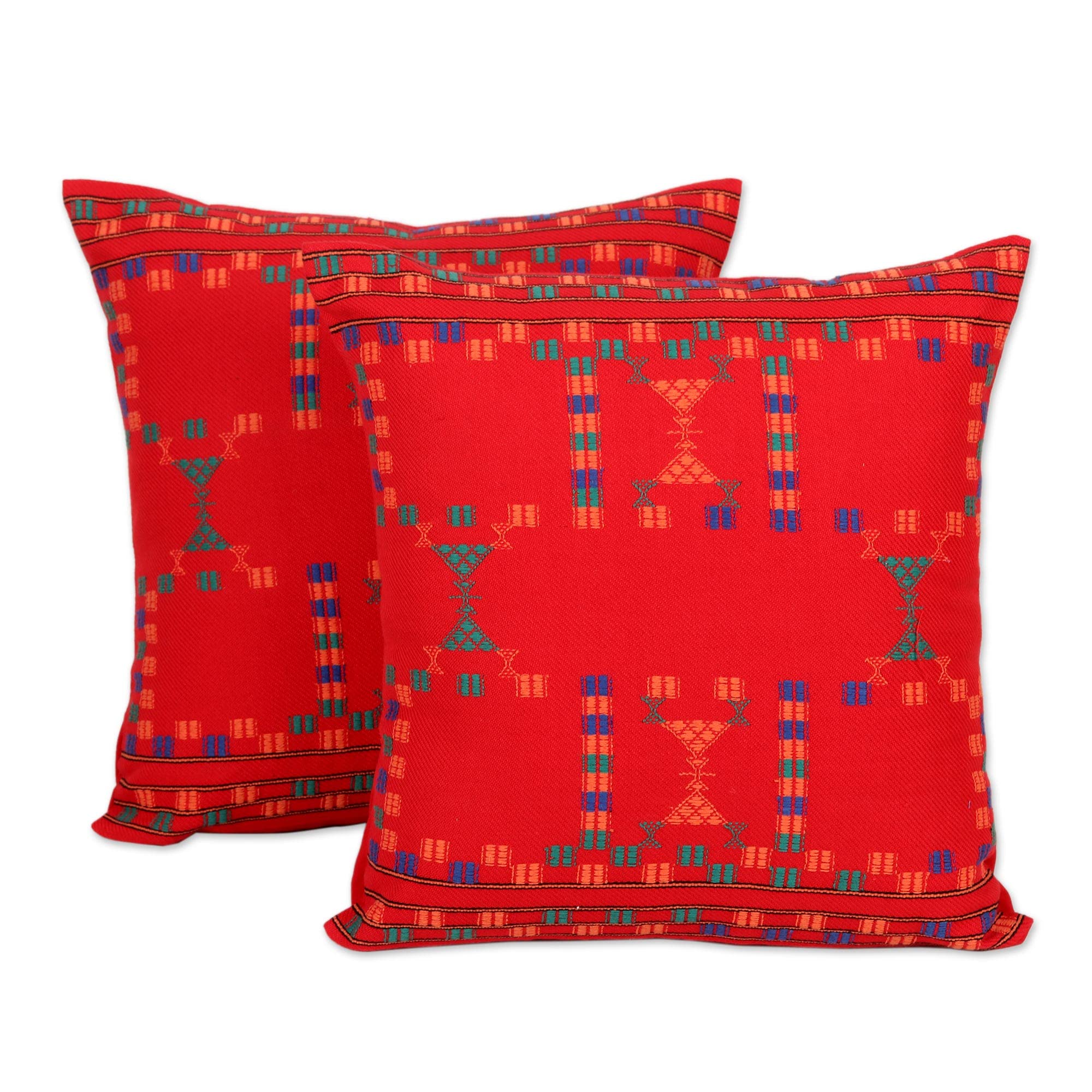 NOVICA Handmade Cotton Cushion Covers Set of 2 - Red Indian Boho Throw Pillow Covers 16.25x16.25 Inches with Bollywood Pattern for Living Room Sofa, Bedroom Decor & Home Accents