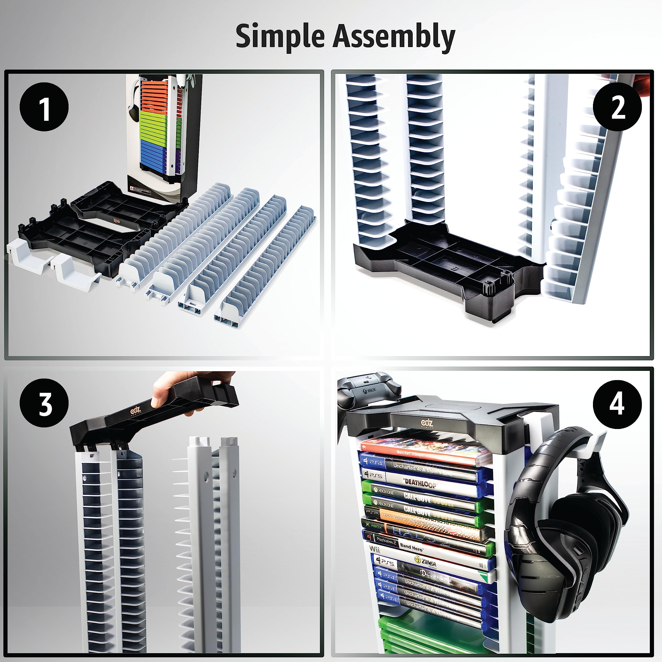 ADZ Universal Game Holder – 46 Game Storage Tower Rack for PS2, PS3, PS4, PS5, PSP, Xbox 360, Xbox One, Series X, Wii & Switch Games, DVDs & Blu-Ray Discs with 2 Controller Mounts - Perfect for Gaming Room Organization & Media Storage