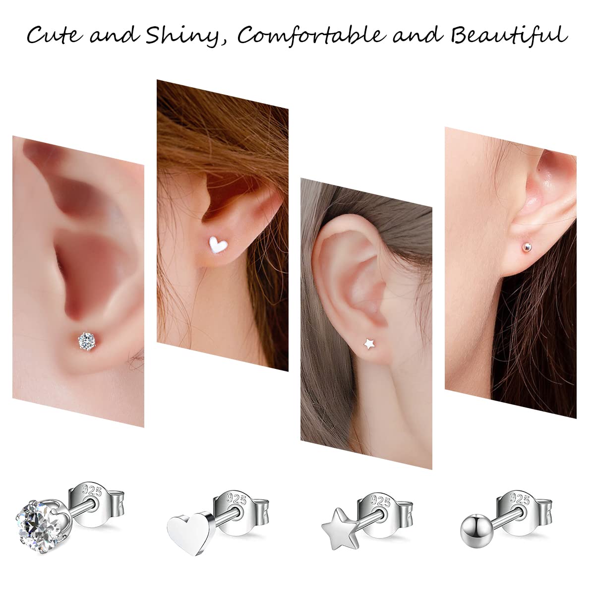 Aoen 925 Sterling Silver Stud Earrings Set - Hypoallergenic Tiny Cubic Zirconia Earrings for Women & Girls | Perfect for Everyday Wear, Gift Giving & Special Occasions