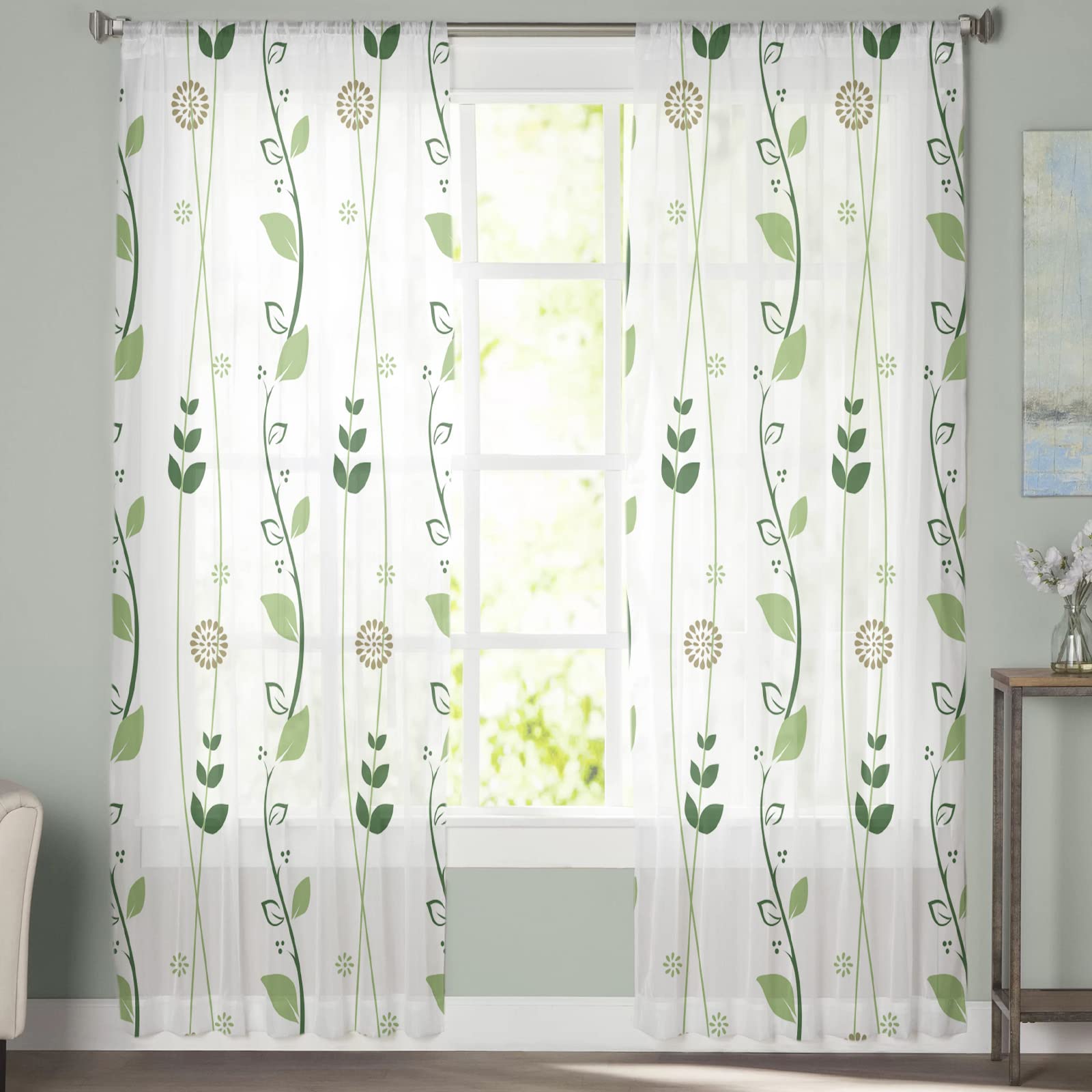 Botanical Print Semi-Sheer Voile Curtains - 63 Inch Length, 2 Panels, Rod Pocket Window Drapes for Bedroom, Living Room & Kitchen Backdrop - Boho Style Home Decor (W52xL63) - Perfect for Natural Light Filtering & Stylish Room Dividers