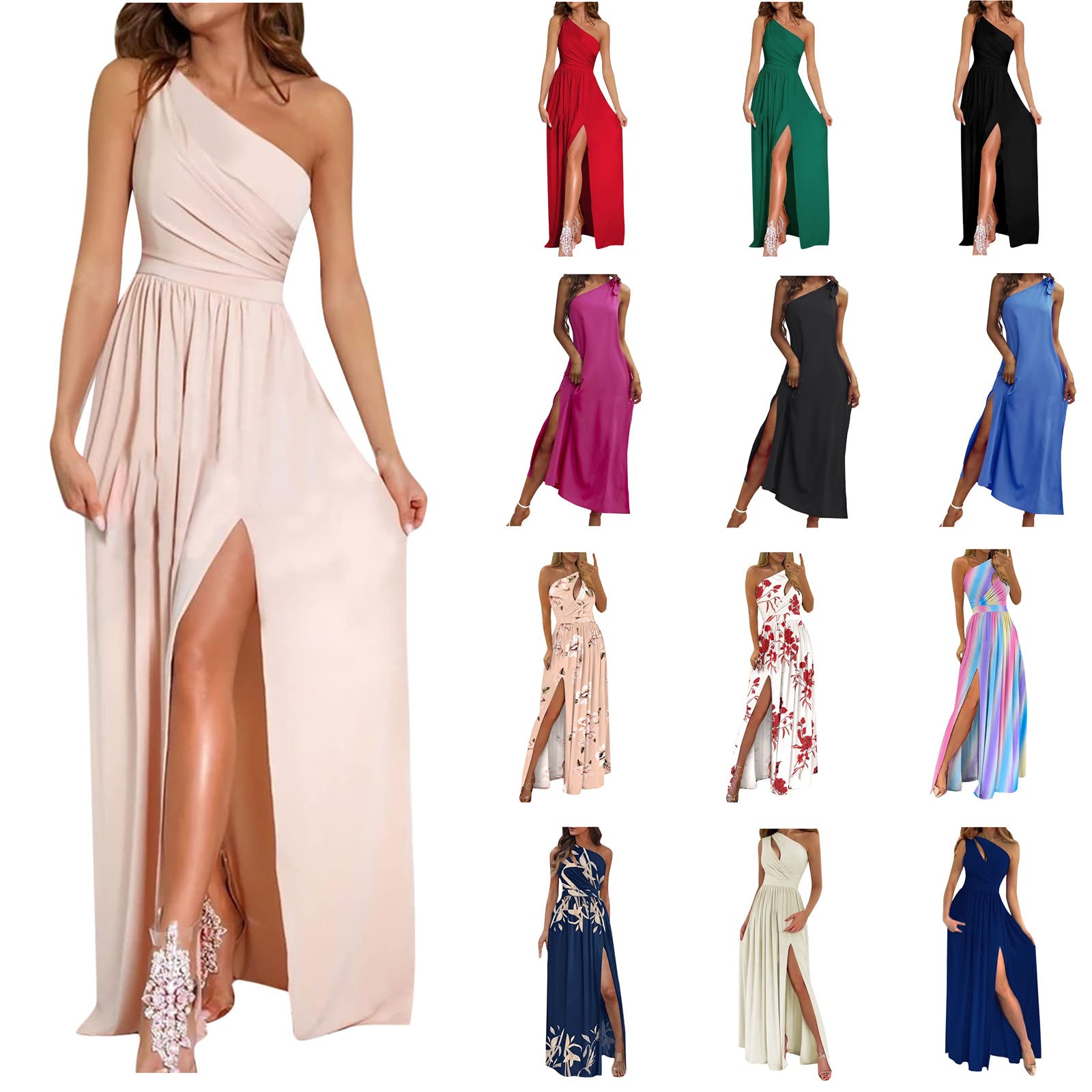 Elegant One Shoulder Women's Summer Maxi Dress - Sexy Sleeveless High Waist Ruched Party Dress with Thigh Slit for Wedding Guest | Perfect for Beach Vacations, Cocktail Parties & Evening Events