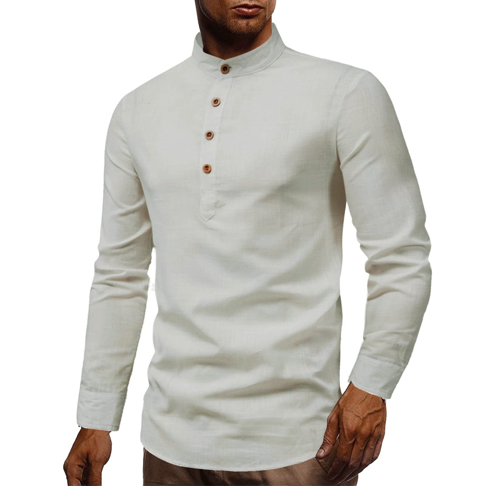 Men's Linen Long-Sleeve Dress Shirt with Stand-Up Cotton Collar - Solid Color & Floral Print Casual Shirt for Office, Wedding, and Summer Outfits