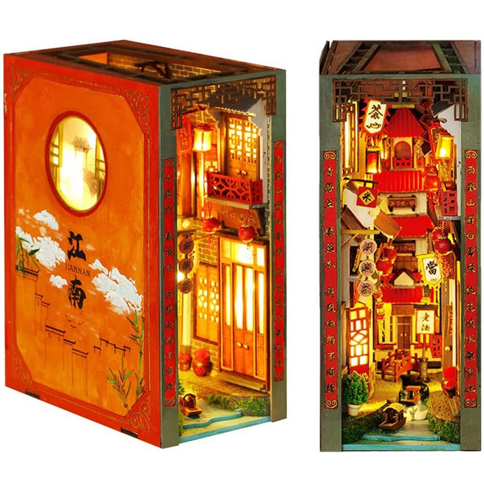 Ancient Chinese Style Wooden Book Nook Inserts - DIY 3D Bookshelf Decor with LED Induction Light, Handcrafted Bookends for Teens & Adults (Color Version) | Perfect for Home Library, Office Decor & Gift Giving
