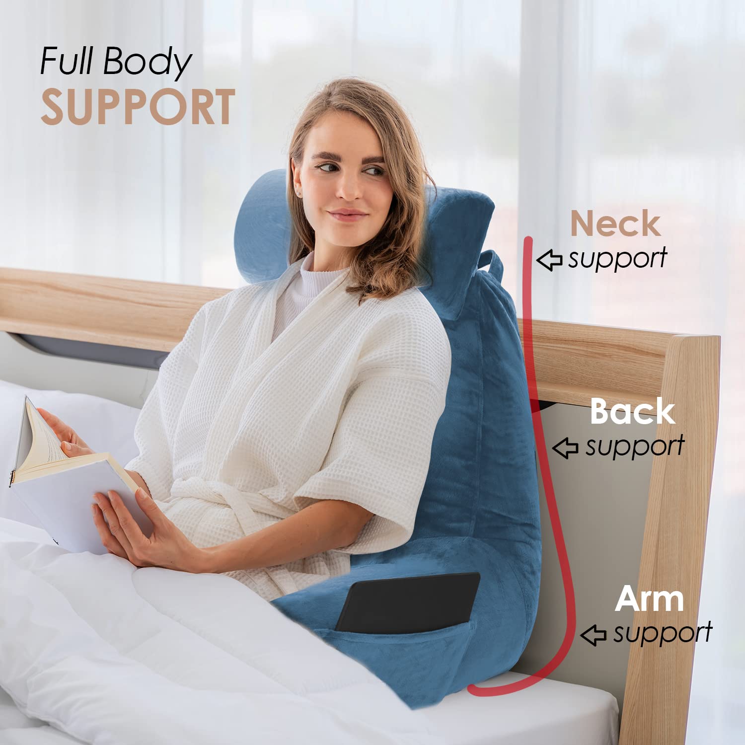 Nestl Reading Pillow with Shredded Memory Foam - Large Back Support Pillow for Sitting in Bed, Reading, or Relaxing | Blue Heaven Bed Chair Pillow with Pockets | Perfect for Reading, Watching TV, or Lounging in Bed