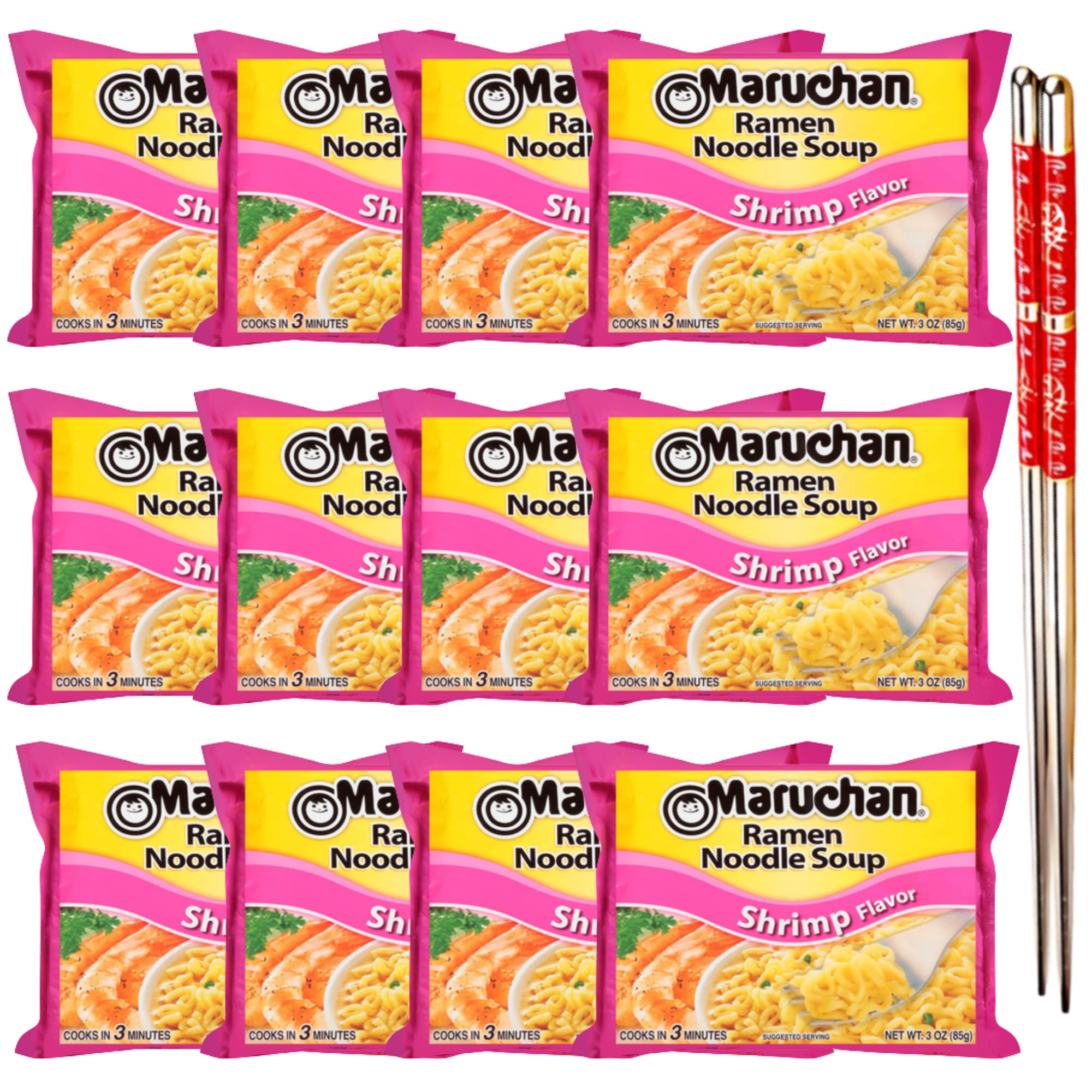 Ja’Cor Instant Ramen Noodles Soup - Shrimp Flavor (3 oz, 12 Pack) | Quick Lunch, Snack & On-the-Go Meal | Includes Free Reusable Chopsticks | Perfect for Office, Dorm & Travel