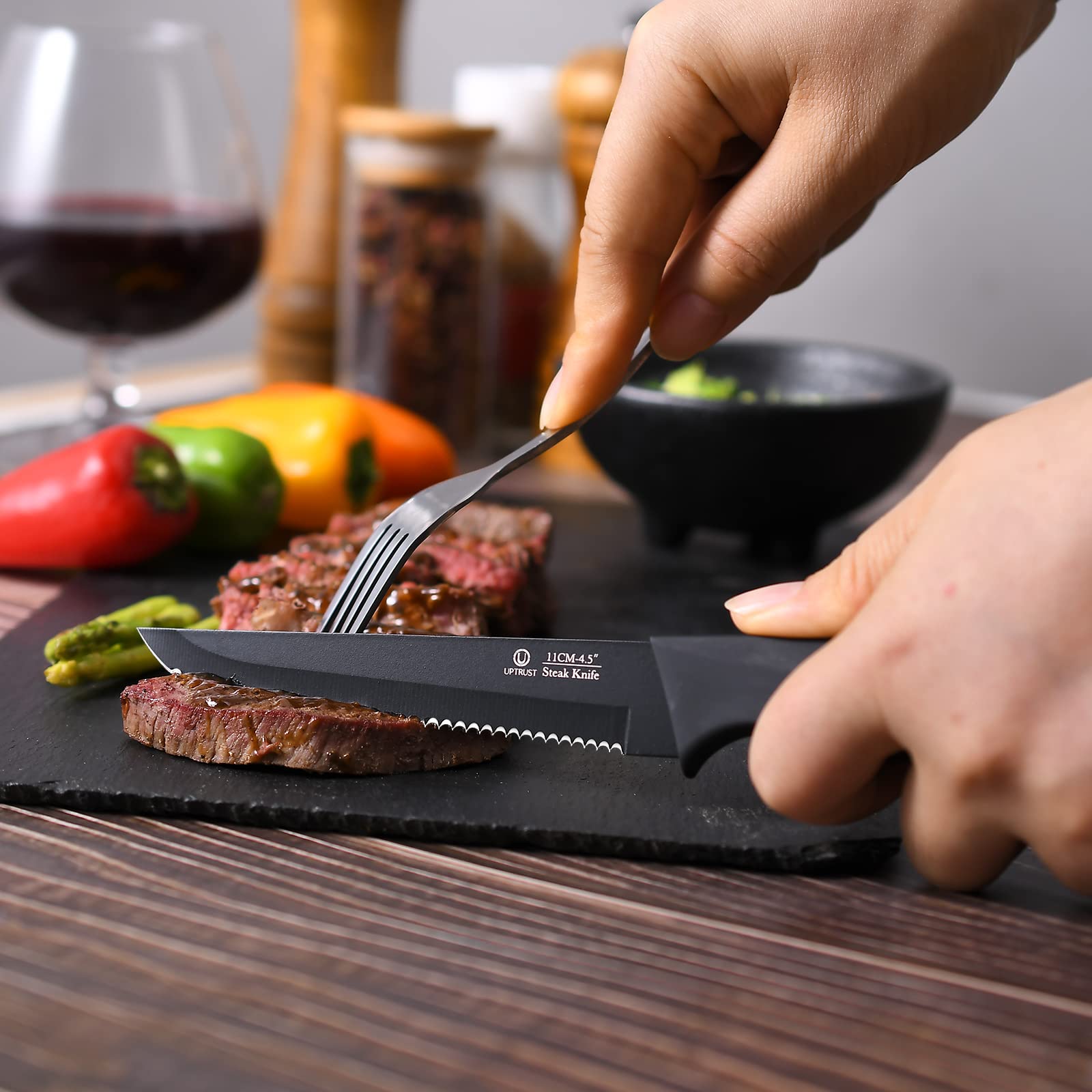 Premium UPTRUST 6-Piece Steak Knife Set - High-Carbon Stainless Steel Serrated Blades, Dishwasher Safe, Elegant Black Handle - Perfect for Steak Dinners, BBQ Parties & Fine Dining Experience
