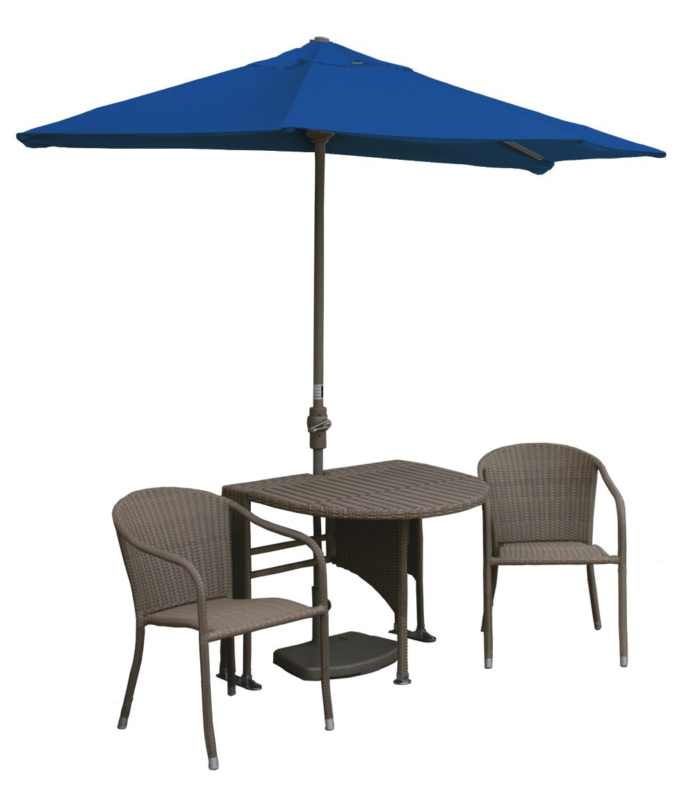 All-Weather Wicker Coffee Table Set with 7.5' Wide Patio Umbrella - Blue Olefin Canopy for Outdoor Terrace, Garden & Poolside Relaxation