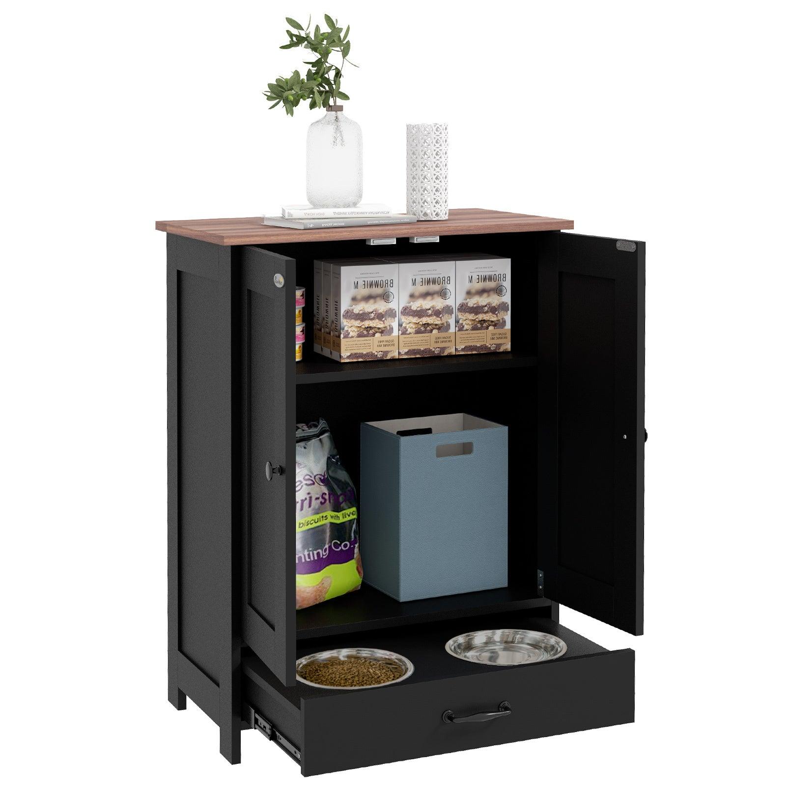 Premium Dog Feeding Station with Hidden Bowls & Adjustable Panel - Food Storage Cabinet for Medium Dogs with Hooks - Black - Perfect for Kitchen, Laundry Room or Pet Corner Organization