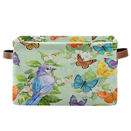 Collapsible Storage Basket with PU Handles - Waterproof Nursery Laundry Organizer (Turquoise Butterfly & Bird Design) - Perfect for Baby Clothes, Toys & Home Organization - 1 Pack