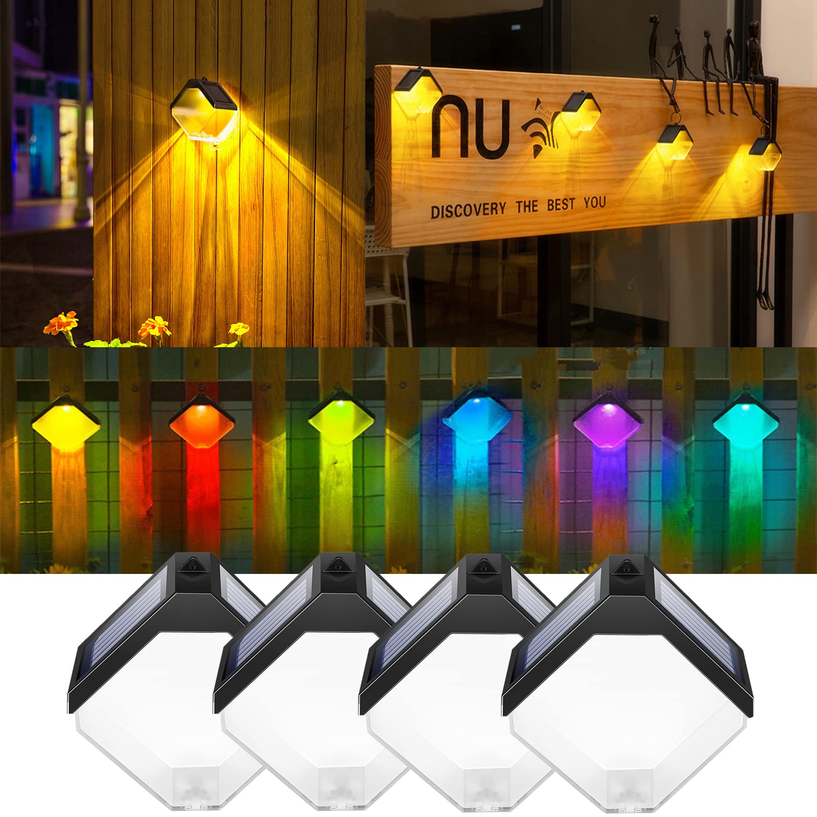 Solar Deck Lights Outdoor - 4 Pack Waterproof Solar Fence & Step Lights with Warm White/Color Changing Modes for Yard, Garden, Patio, Wall, Porch, Pool - Perfect for Holiday Decor & Landscape Lighting
