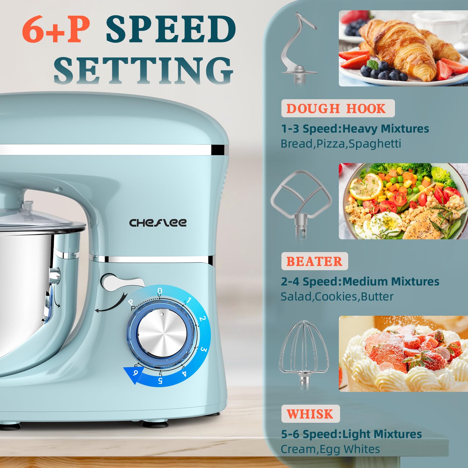 CHeflee 600W Stand Mixer with 6.5QT Stainless Steel Bowl - 6 Attachments (Dough Hook, Wire Whip, Beater) - Powerful Kitchen Mixer for Baking, Whipping & Kneading - Perfect for Home Bakers & Cooking Enthusiasts (Blue)