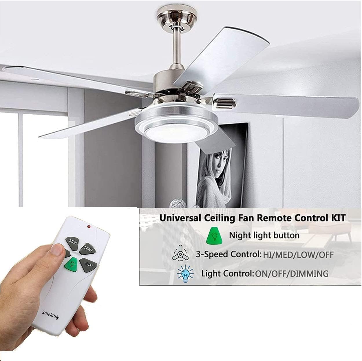 2 Pack Universal Ceiling Fan Remote Control Kit with Light Dimmer & 3 Speed Fan Controller - Mini Receiver Replacement for Hampton Bay, Hunter, Harbor Breeze, Westinghouse, Honeywell & More - Perfect for Bedroom, Living Room & Office Use