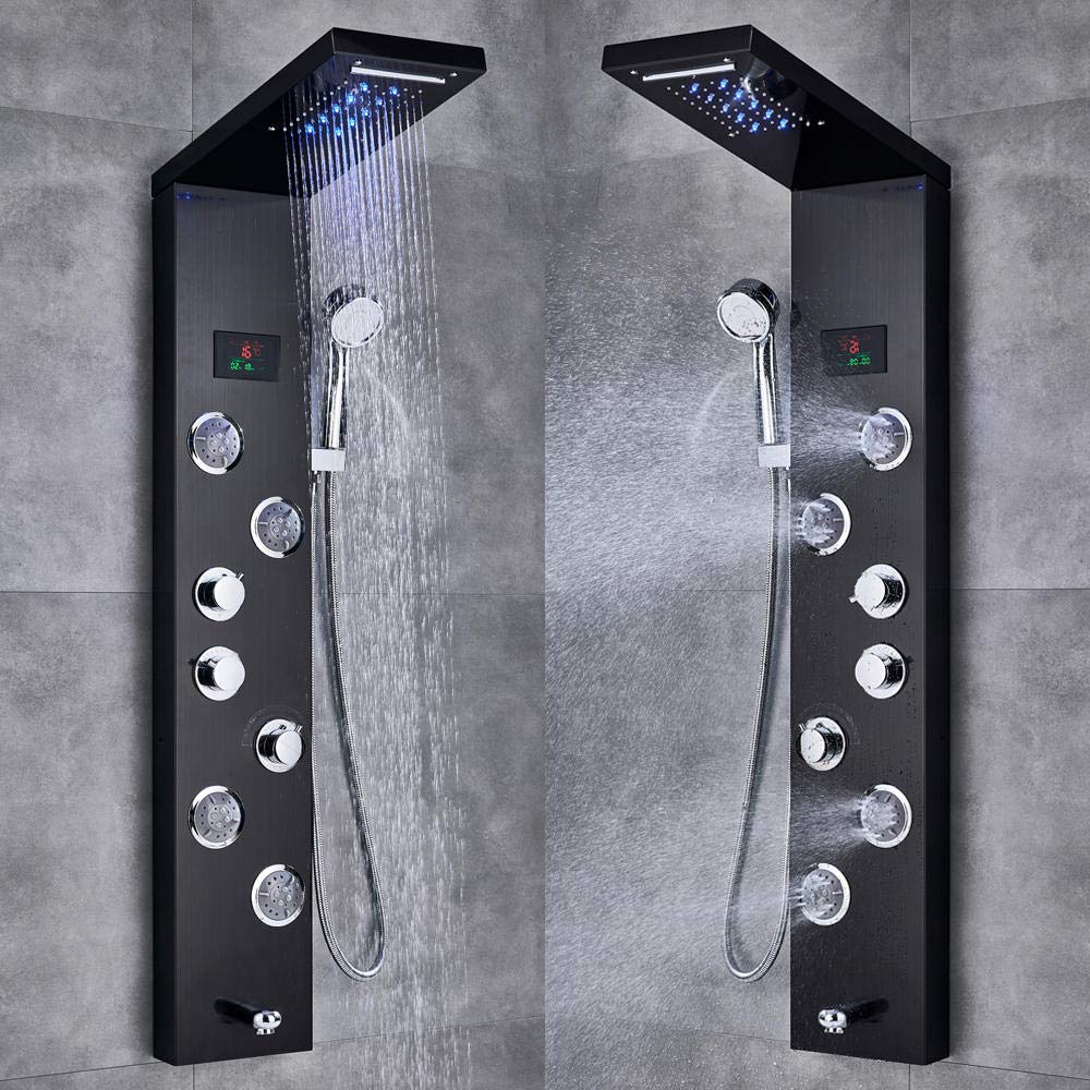 Luxury Black LED Shower Panel System with Temperature Display & Hand Shower - Modern Bathroom Faucet for Spa-like Experience | Perfect for Master Bathrooms, Hotel Renovations & Luxury Home Upgrades